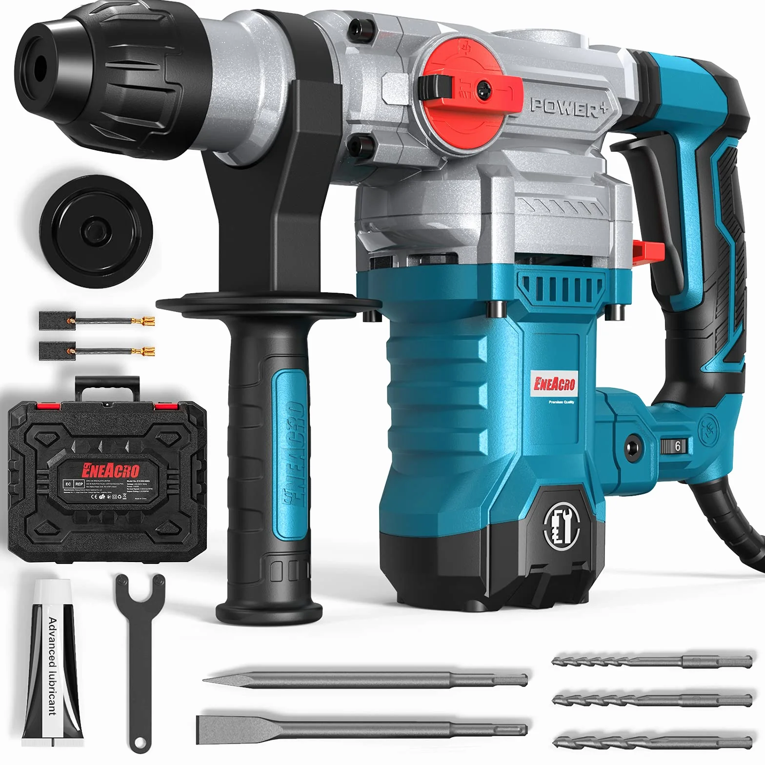 ENEACRO Martello Perforatore, 1500W Martello Demolitore 6J, SDS Plus Mandrino, 4 Funzioni, 6 Velocità Variabili 0-920giri/min, Sistema di Smorzamento Delle Vibrazioni e Frizione di Sicurezza Blu