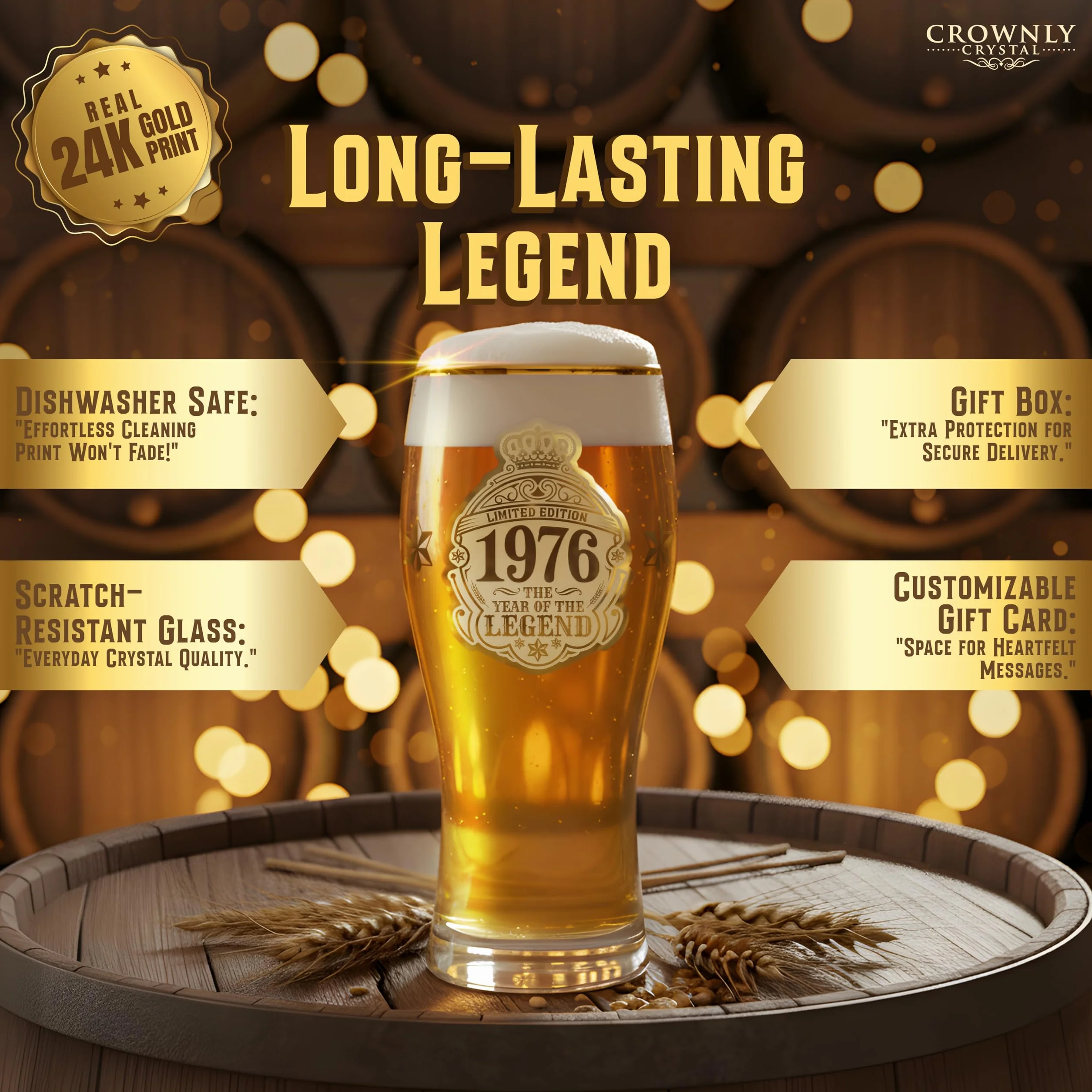 CROWNLY CRYSTAL® Bicchieri Birra 570 ml Personalizzati Regalo 50 Anni Uomo