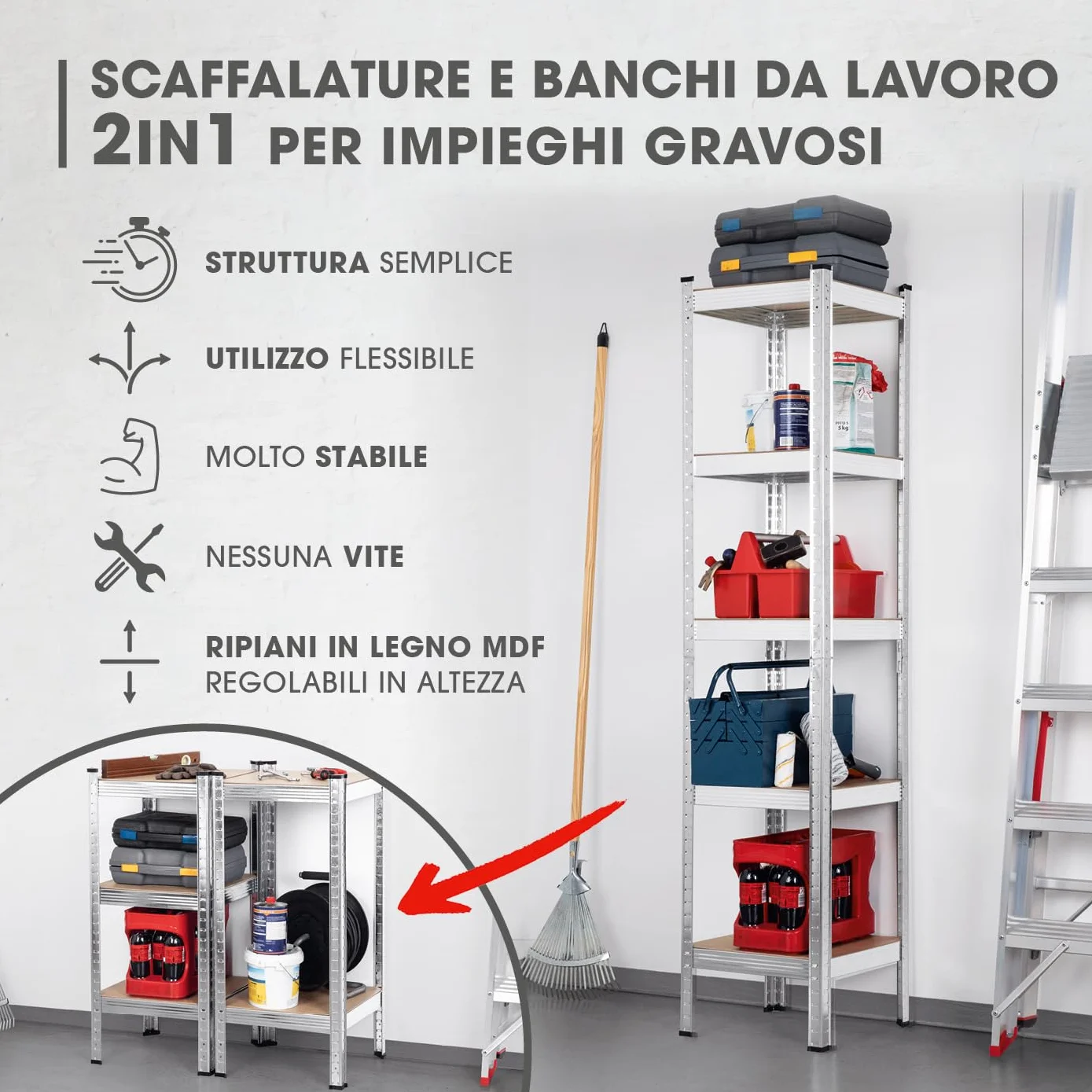 EASYmaxx Scaffale per carichi pesanti, 40 x 40 x 180 cm, portata 875 kg, 175 kg per livello, scaffale e banco da lavoro, scaffale per cantina, garage, sala hobby, officina, 13584