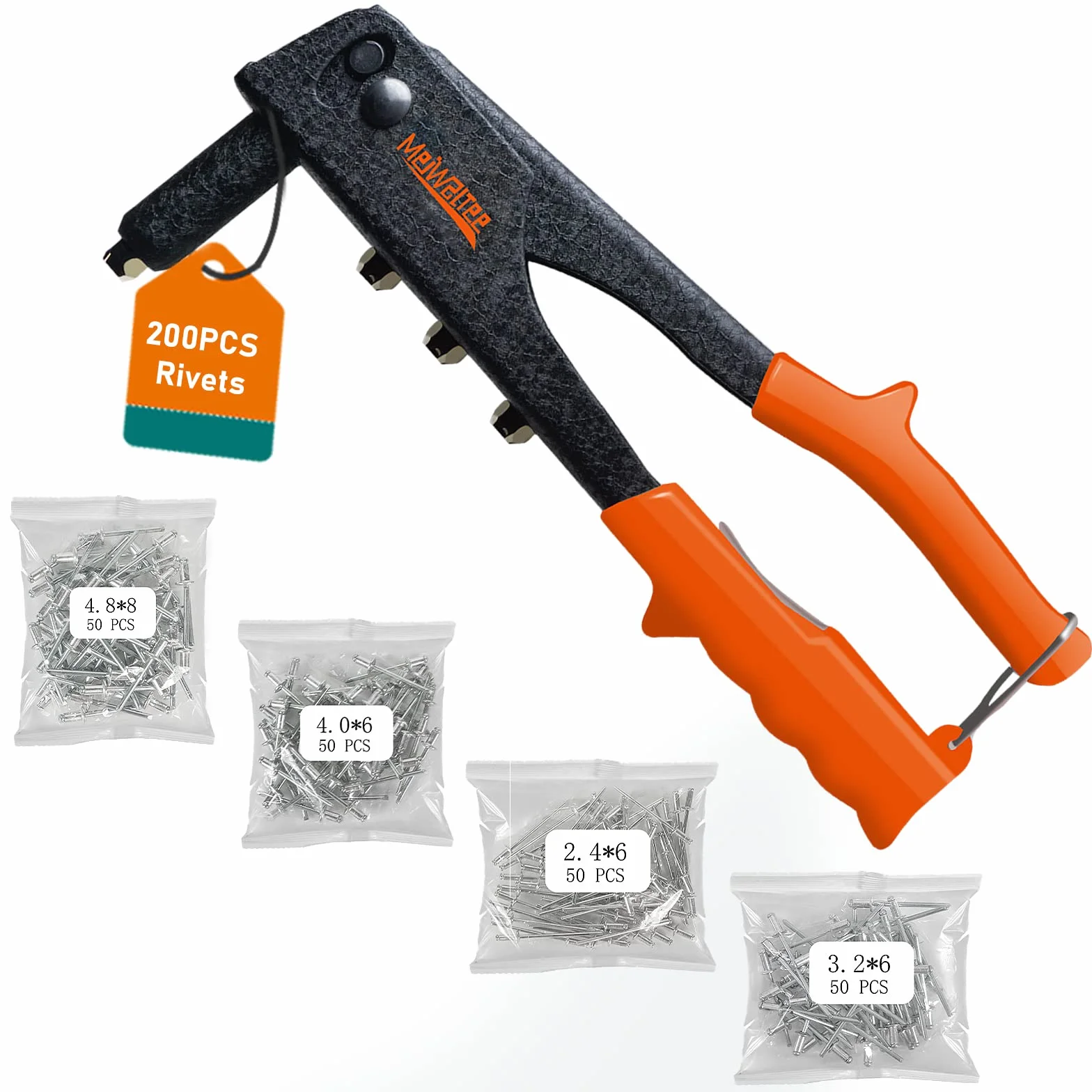 Rivettatrice Manuale con 200 Pezzi Rivetti, Professionale Pistola rivettatrice robusta, 4 Misure 2,4MM-3,2 MM-4,0MM-4,8MM-Utensili per rivetti per automobili, mobili, strumenti