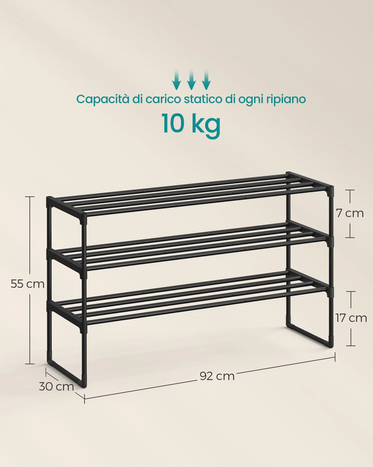 SONGMICS Scarpiera 3 Ripiani Portascarpe Metallo 16-20 Paia Scarpe 30x92x55 cm Nero LSA303B02