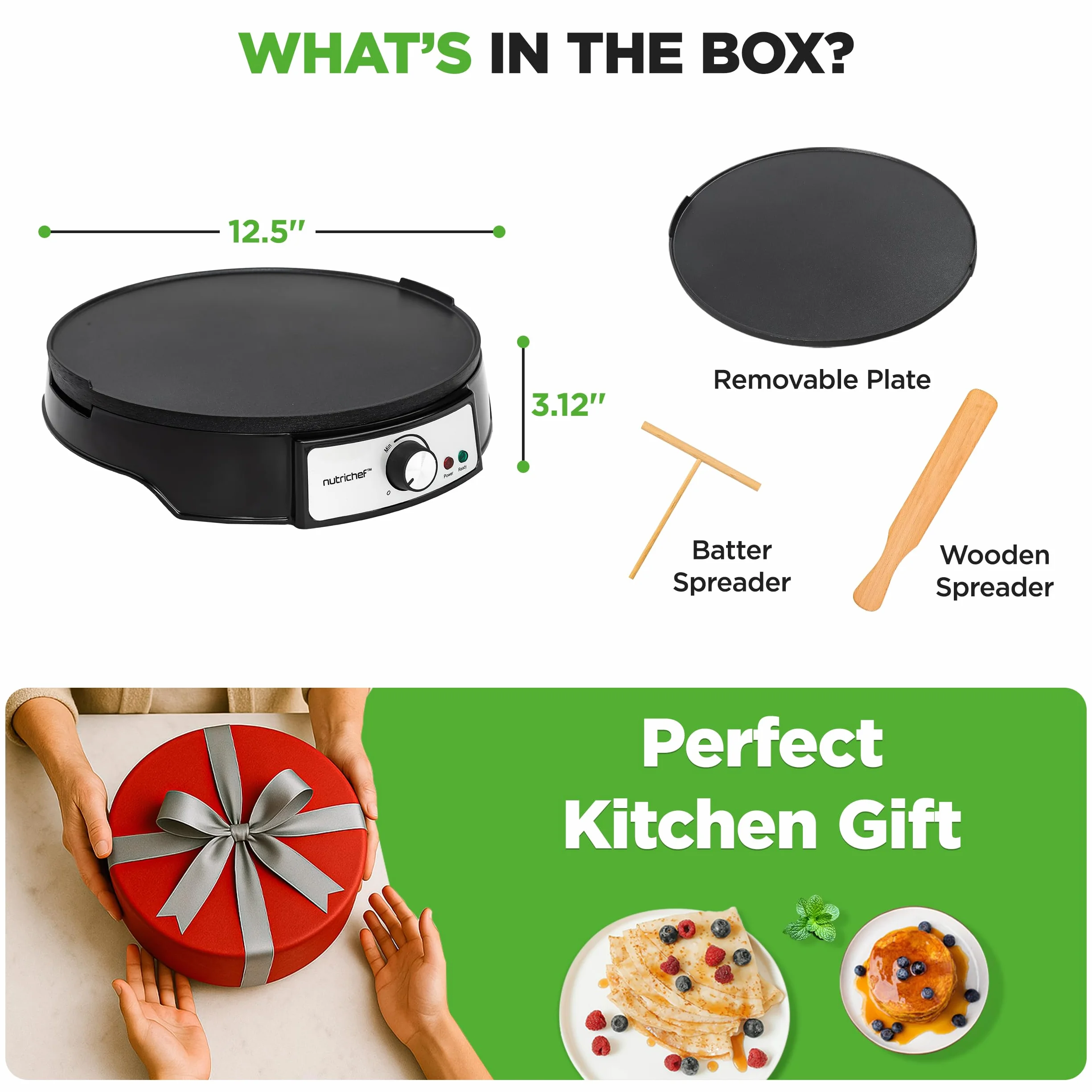 NutriChef Crepiera Elettrica 30 cm 1000W, Crepiera con Piastra Antiaderente Reversibile, Temperatura Regolabile, LED, Spatola e Dispenser, Ideale per Crepes, Crespelle, Pancake, Uova e Bacon