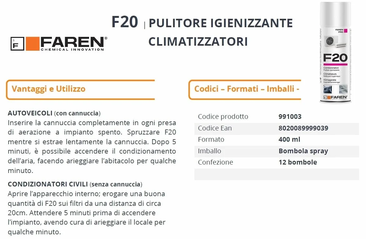 Faren F20 Igienizzante Spray per Climatizzatori 400ml
