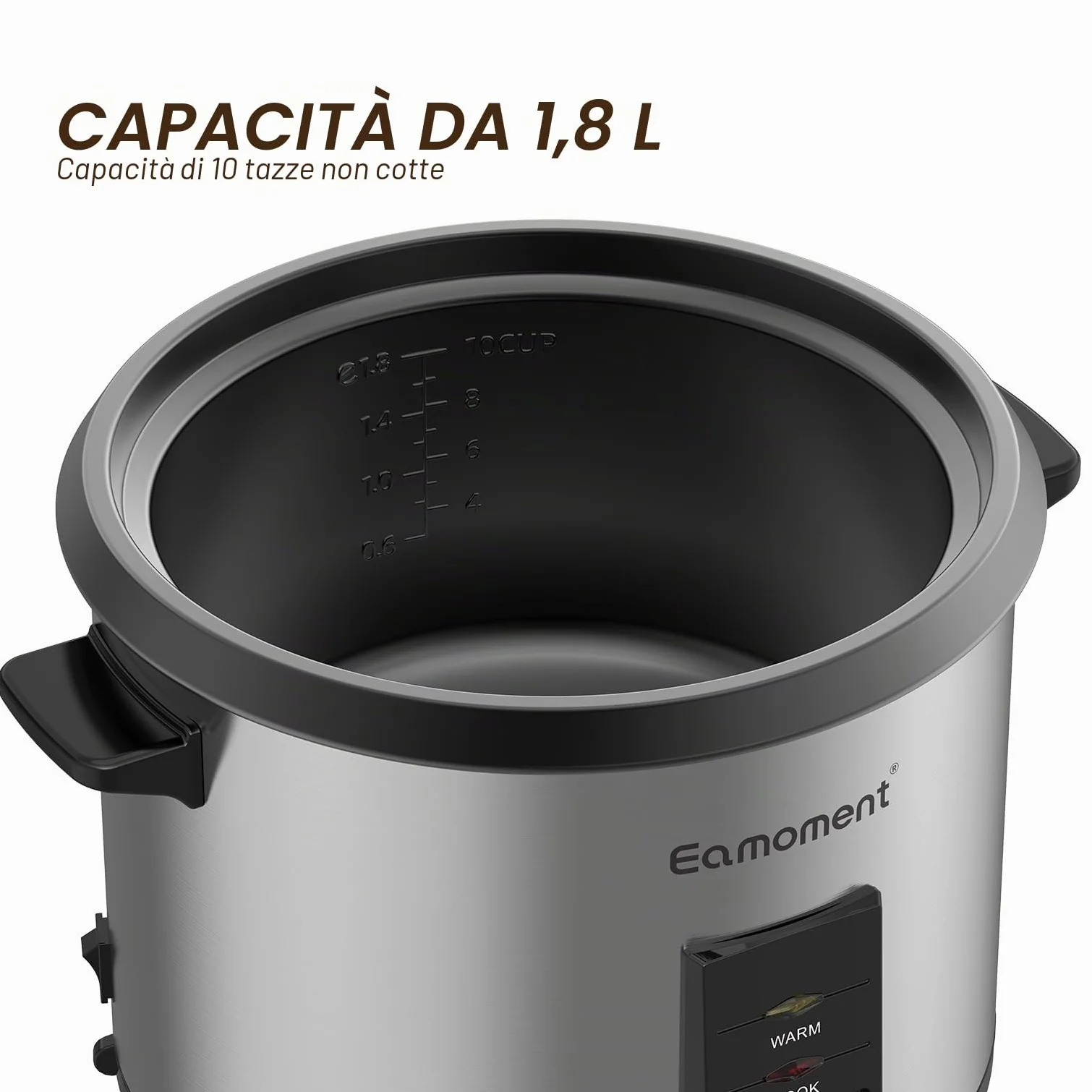 ERC-10CSL 1.8L | 700W Cuociriso & Vaporiera 2 in 1 (1-10 Persone) Pentola rimovibile non antiaderente, Spatola e misurino inclusi, coperchio di vetro