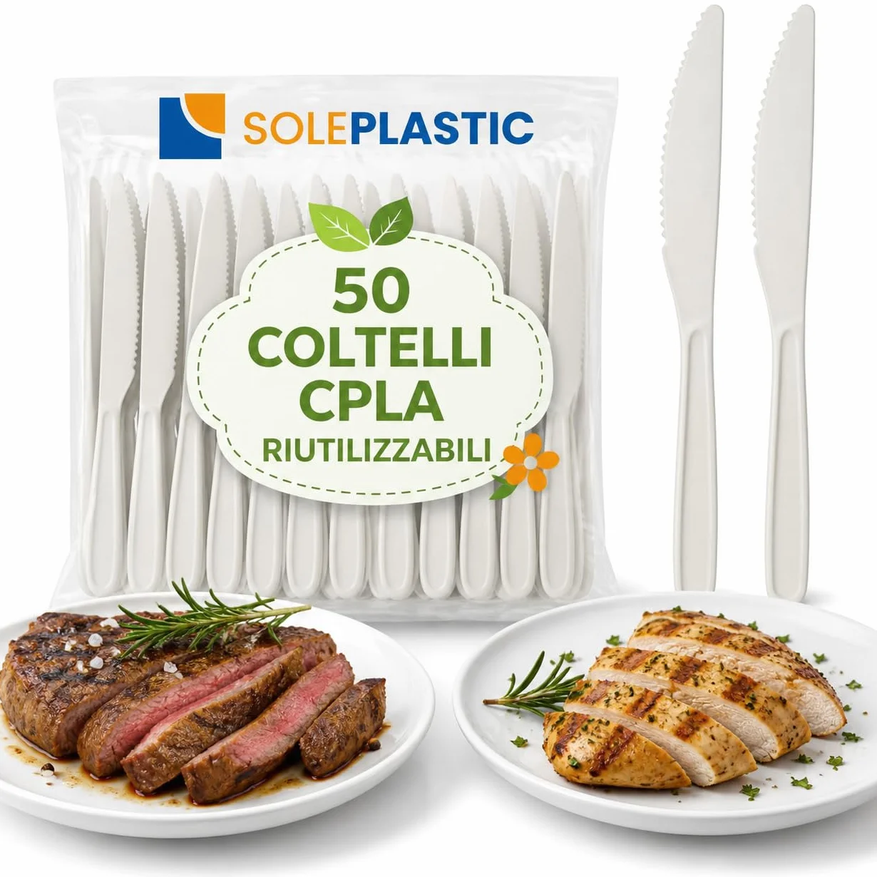 SOLEPLASTIC 50 Coltelli Riutilizzabili 16 cm Bianco Posate Ecologiche per Catering