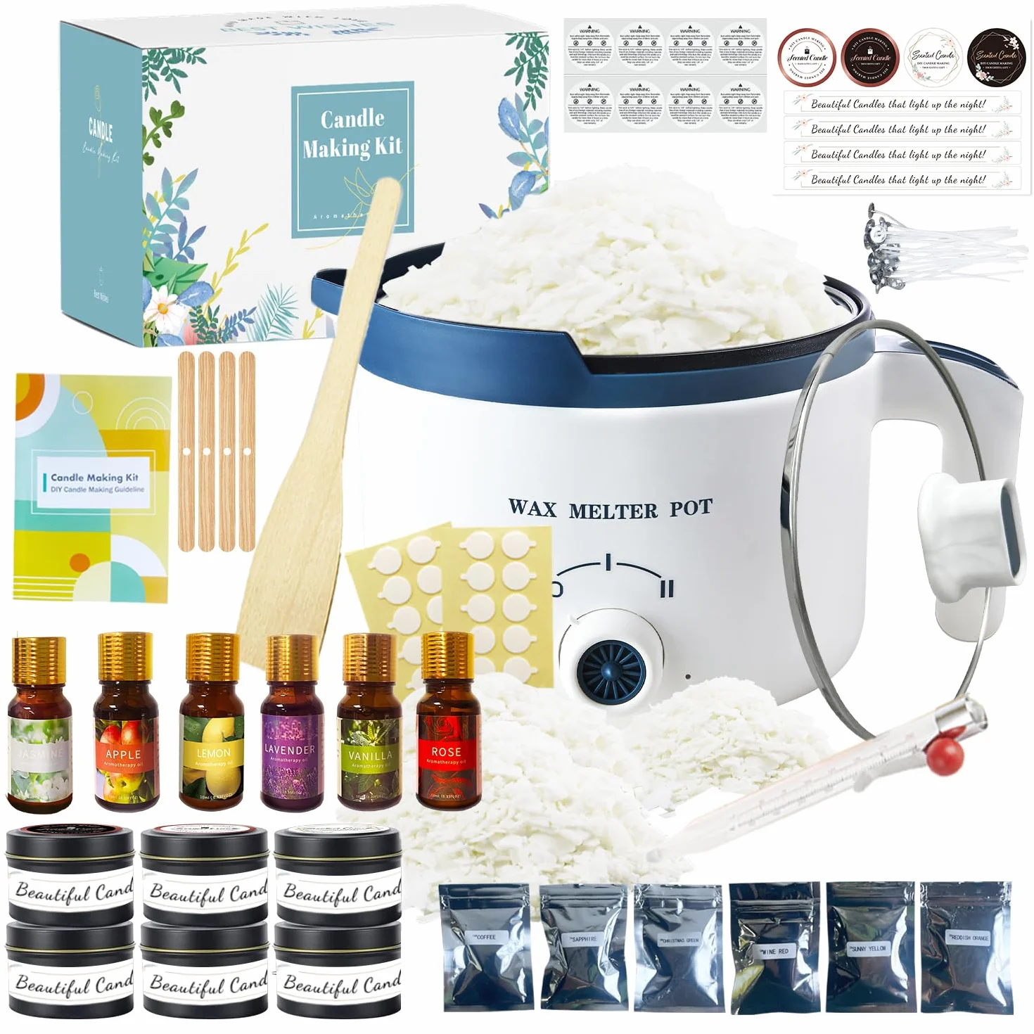 Kit di fabbricazione di candele di soia con fonditore di cera elettrico, Kit per Produzione di Candele per Principianti, inclusi 2 libbre di cera di soia, stoppini, profumi, coloranti, barattoli