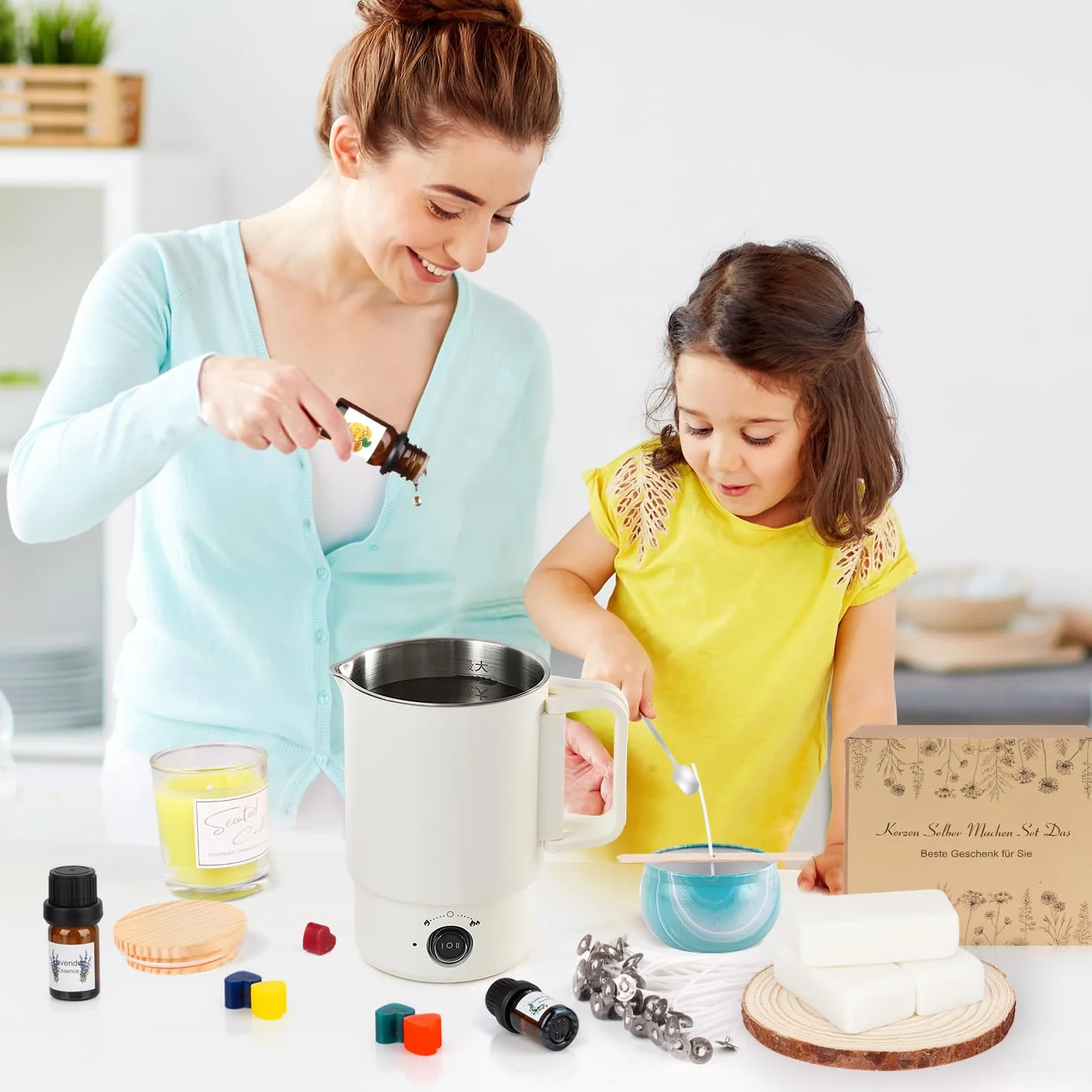 Kit Candele Fai da Te, Kit per Sciogliere La Cera di Candela Elettrico da 800 Ml, 8 Cubi di Cera Bianca, 100 Stoppini per candele , 100 Adesivi per Stoppini , Supporto per Stoppini E Cucchiaio