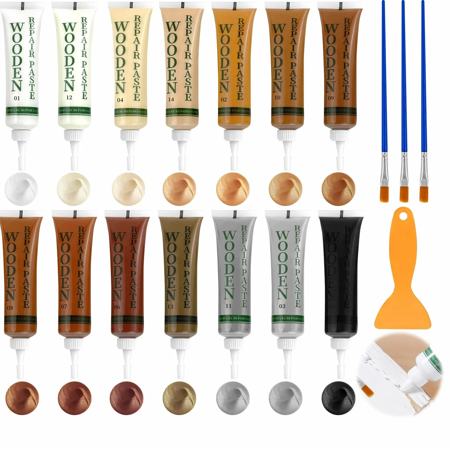 kit riparazione legno, Kit di riparazione di mobili 14 Colore, Stucco per legno riempitivo, Stucco per Legno, Set di riparazione in laminato, Kit Riparazione Mobili in Legno di Graffi, Crepe, Macchie