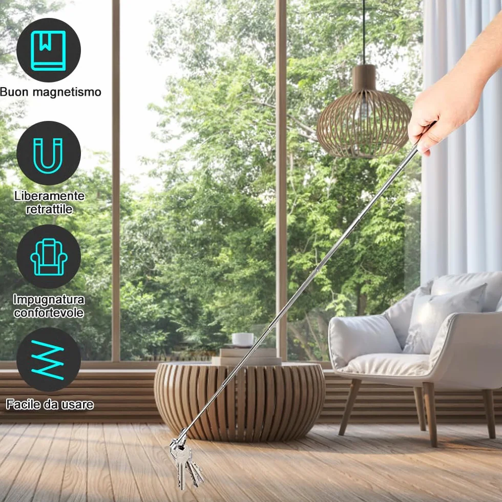 4 Pezzi Asta Telescopica Portatile e Magnetica Lunghezze Regolabili da 12,5 a 65 cm Strumento di Raccolta Magnetico Estensibile in Acciaio inox per Anziani Donne Incinte (Nero e Argento)