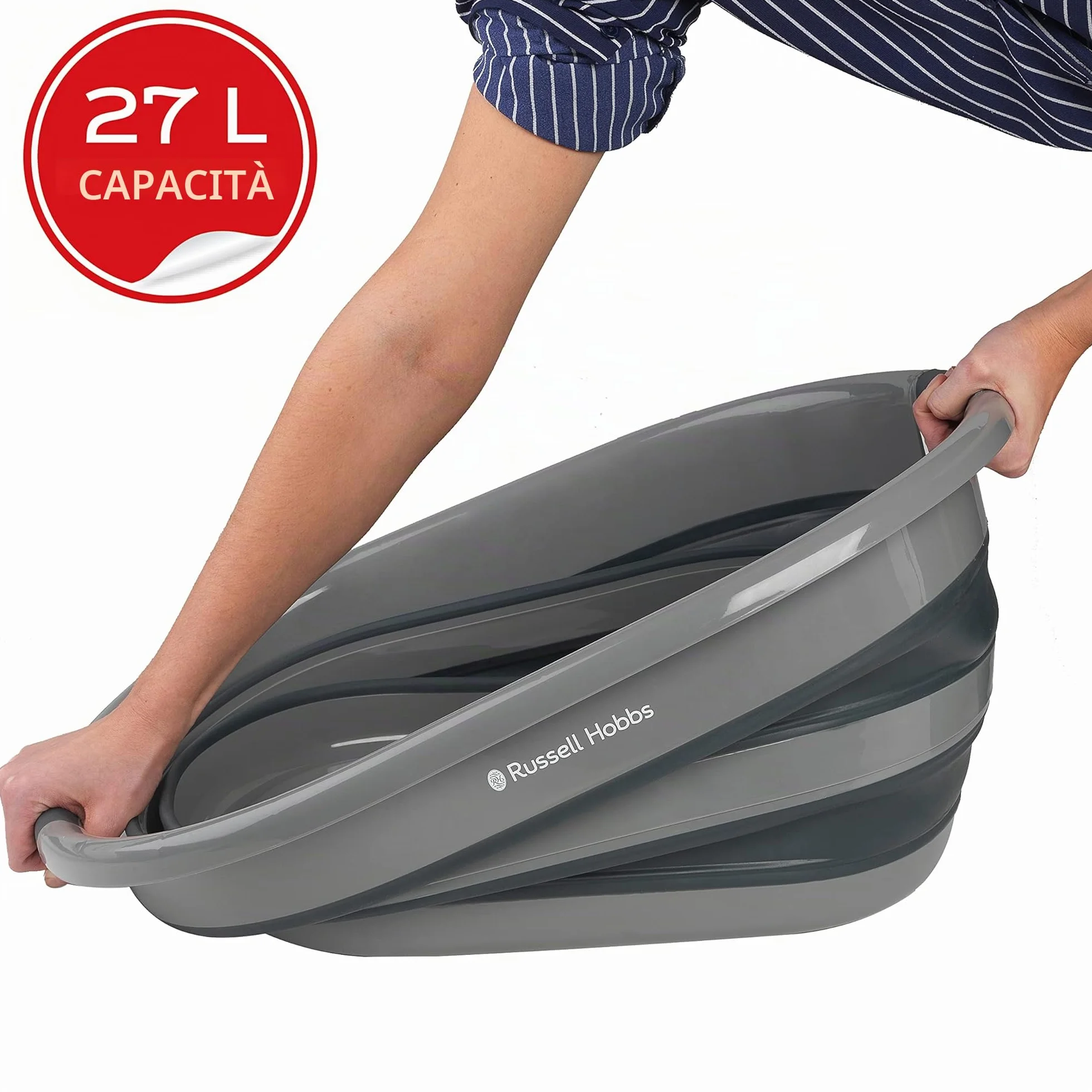 Russell Hobbs LA053879GRYEU cesto della biancheria in plastica con Maniglie di facile presa, 27L cestello di lavaggio, Design durevole e pieghevole, risparmio di spazio e facile da pulire, nero/grigio