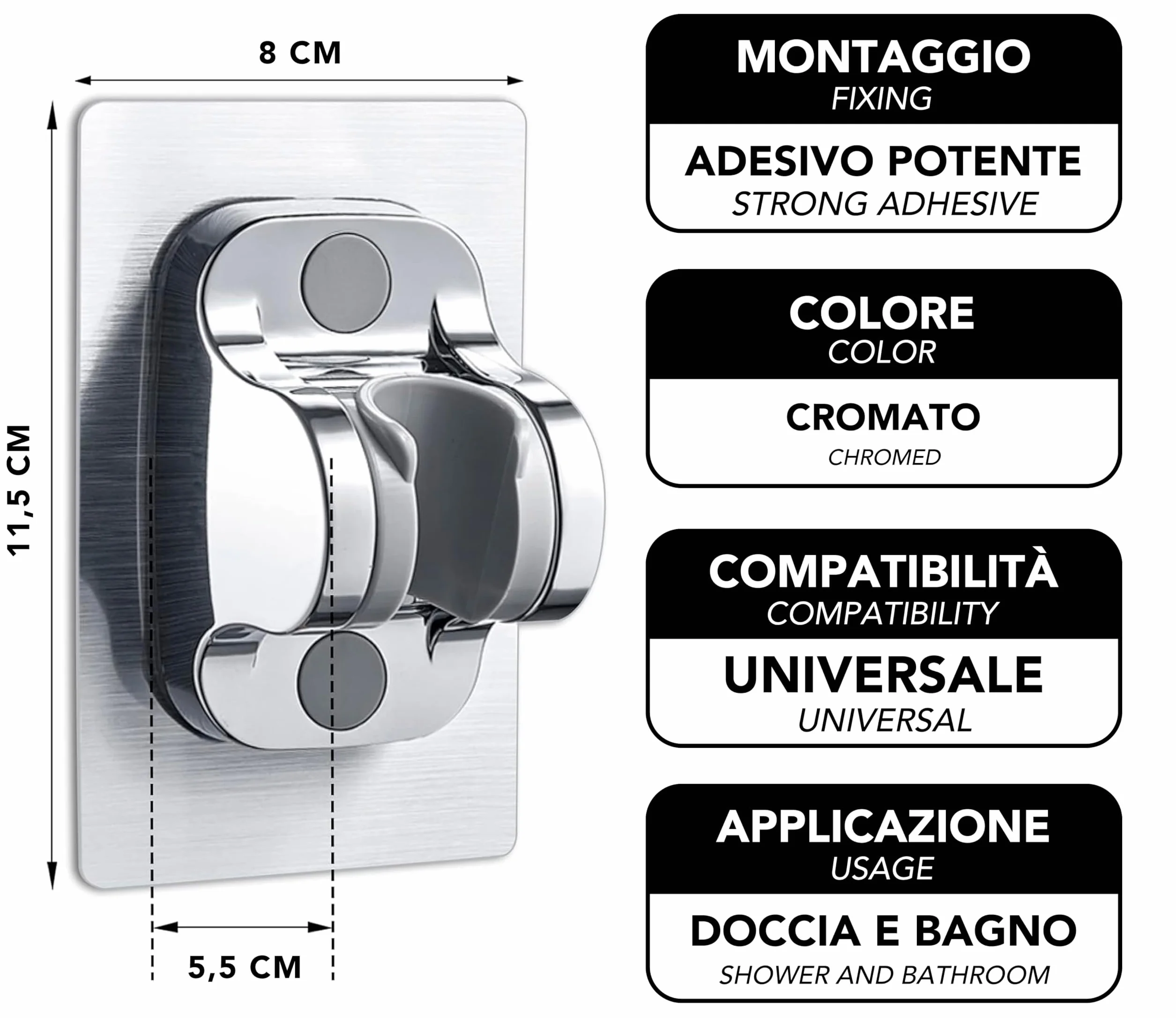 IPEA Supporto per Doccia Adesivo Universale Cromato Regolabile Impermeabile per Bagno