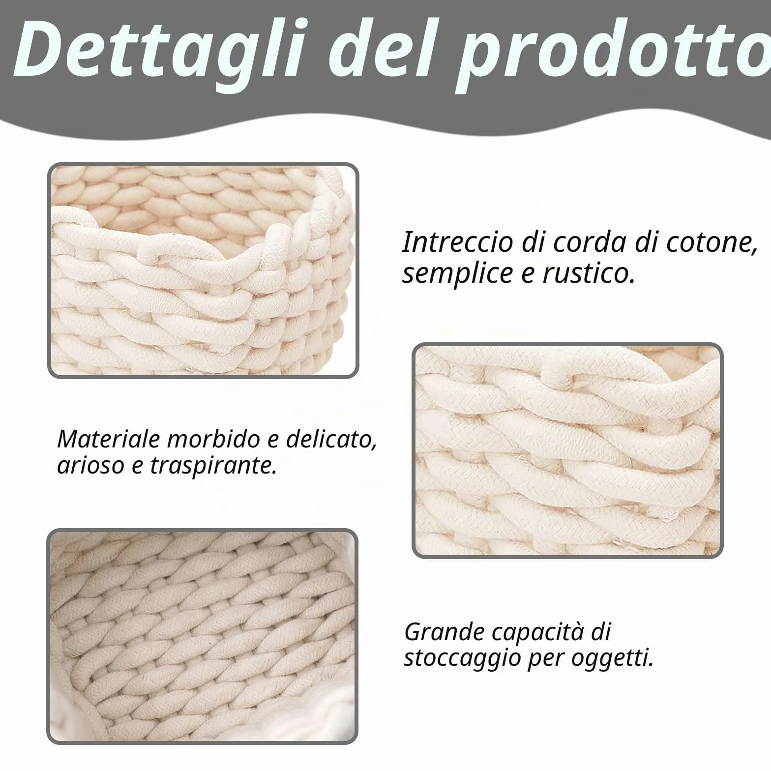 Cestini Portaoggetti in Corda di Cotone Intrecciato 19x15x12cm 2 Pezzi Bianco