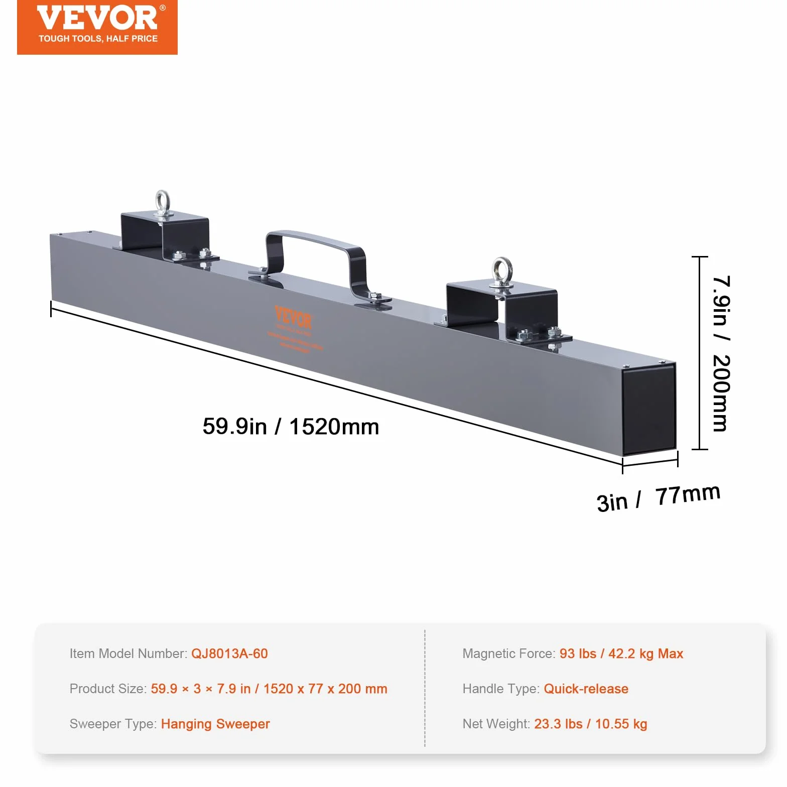 VEVOR Barra Spazzatrice Magnetica da Appendere per Forche di Benne Carrello Massima Forza 42,2kg Lunghezza 152cm, Barra Sospesa Magnetica Raccoglitore di Trucioli Metallici per Pavimenti 152x7,7x20 cm