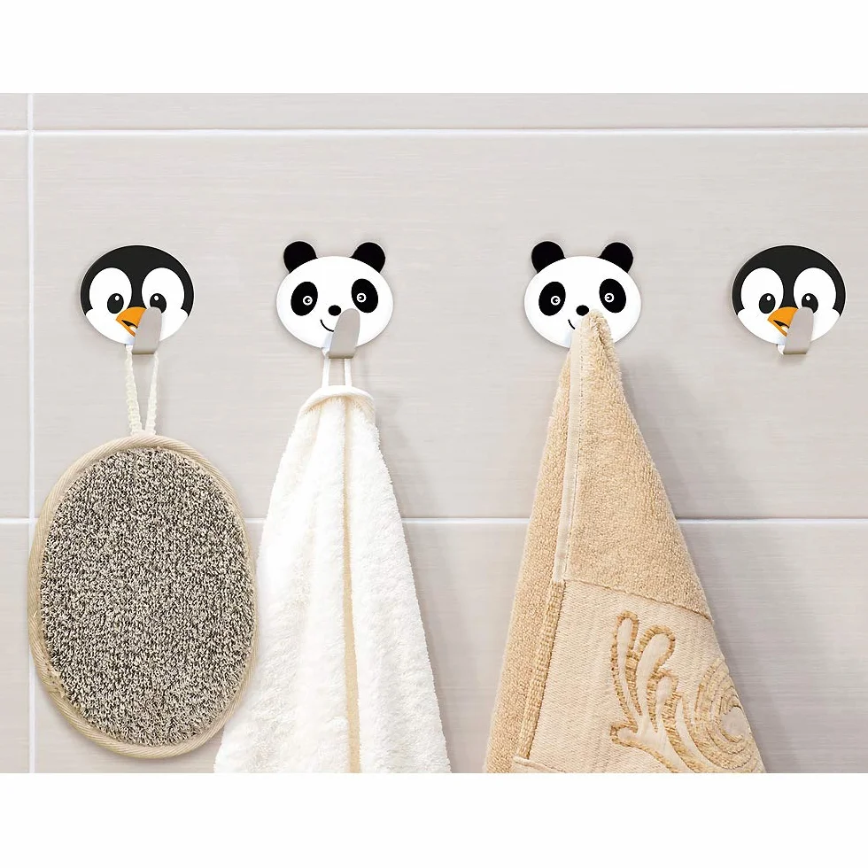 Tatkraft Friends Confezione da 4 Ganci Autoadesivi per Bambini, Ideale per Asciugamani e Accappatoi, Realizzato in Acciaio Inossidabile, Set di 2 Panda 2 Pinguini, Facile da Installare