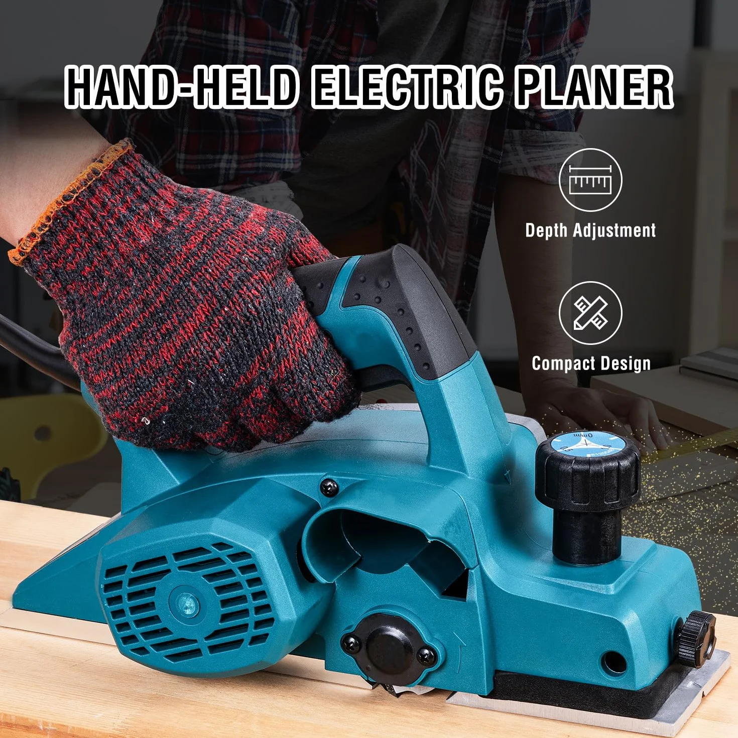 KATSU Tools Pialla elettrica 600W, pialla per legno portatile con cavo, larghezza di piallatura 82 mm, profondità di truciolo 2 mm, per la lavorazione del legno, porte e mobili per casa 101719