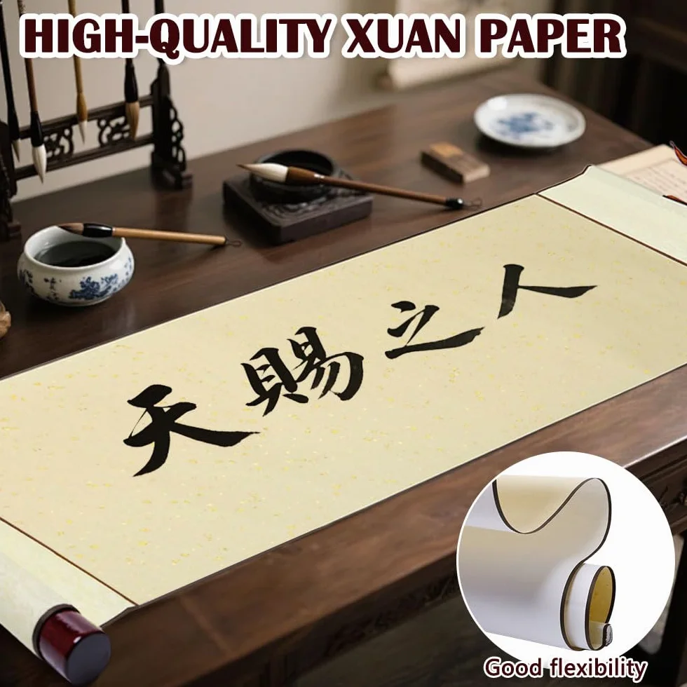 Keboyoe 3 Rotolo 80×34cm Xuan Carta Pergamena Bianca per Chinoise Calligraphie, Carta Pergamena Scroll Rice Paper con Aste di Legno per Peinture Scrittura Chinois