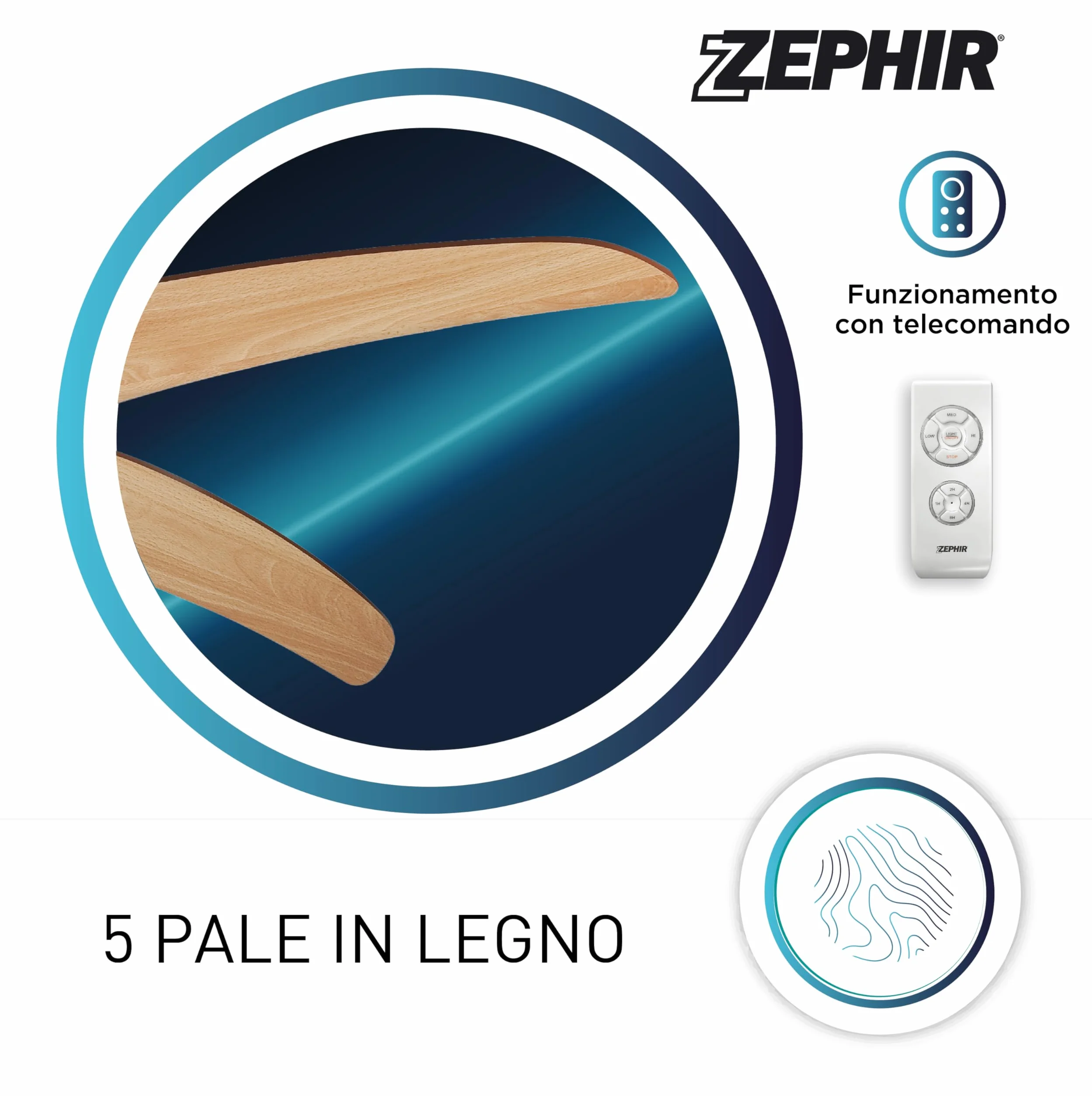 Zephir Ventilatore da Soffitto 5 Pale Legno con Luce 132 cm Ricondizionato
