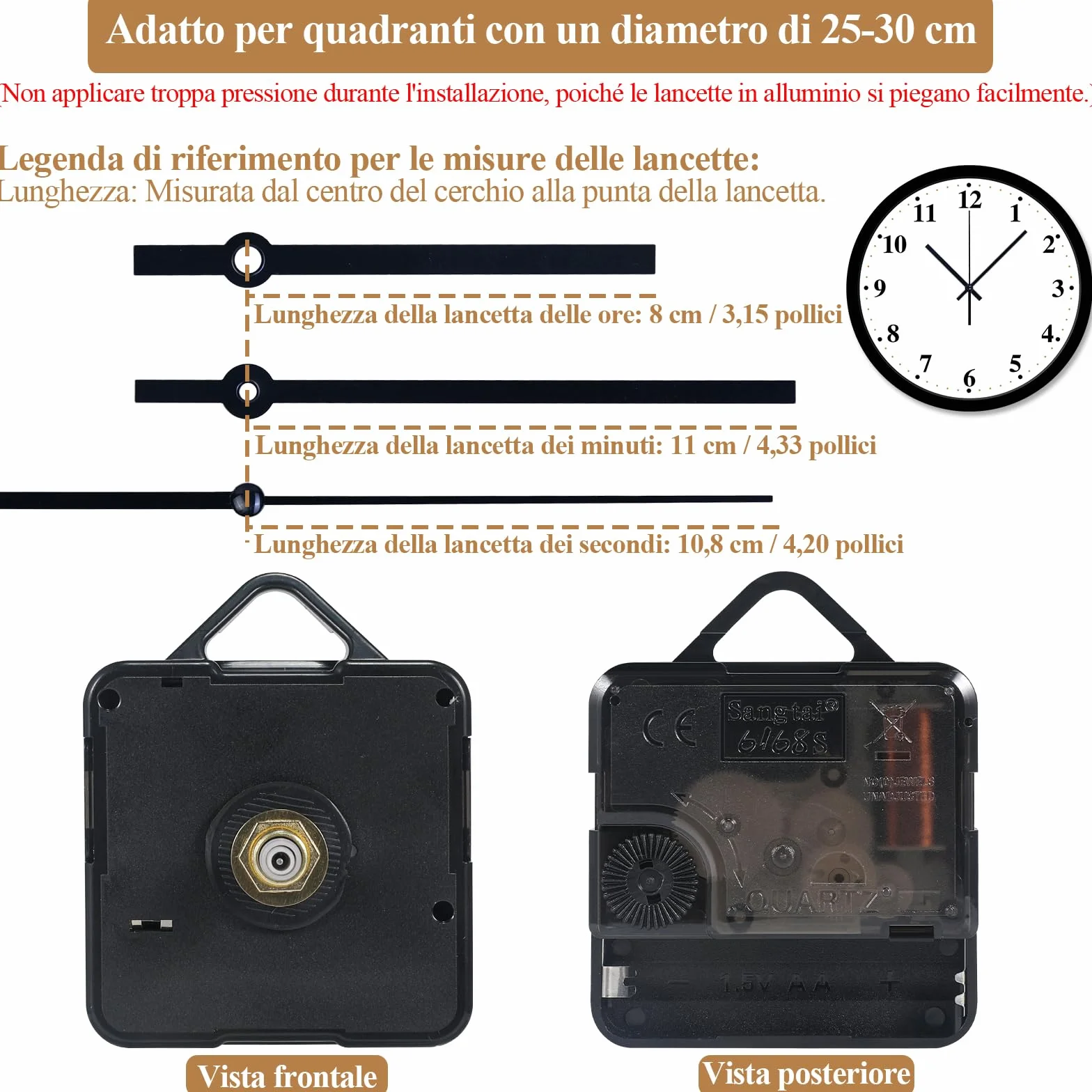 LUSEE Movimento Meccanismo Orologio da Parete con 1 Set di Lancette Orologio per Parti Riparazione dell'Orologio Parete Sostituzione (Lunghezza dell'asse: 24 mm / 0,94 Pollici)