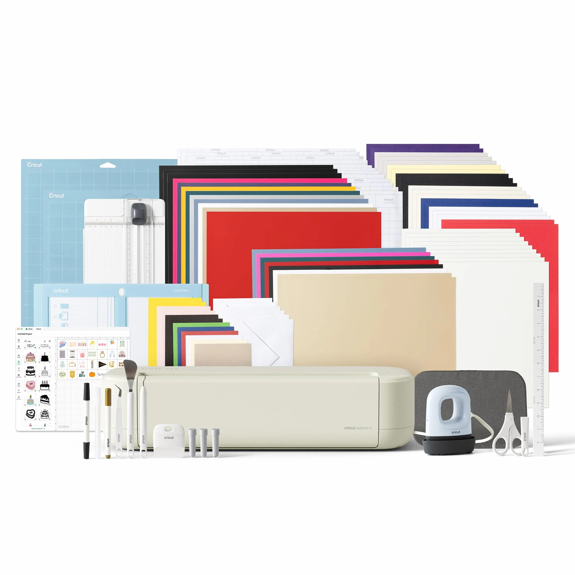 Cricut Explore® 5 Ultimate Bundle + Contenuti digitali, Macchina da taglio intelligente con pressa a caldo per progetti DIY, adesivi in vinile, T-shirt, sticker a colori e biglietti