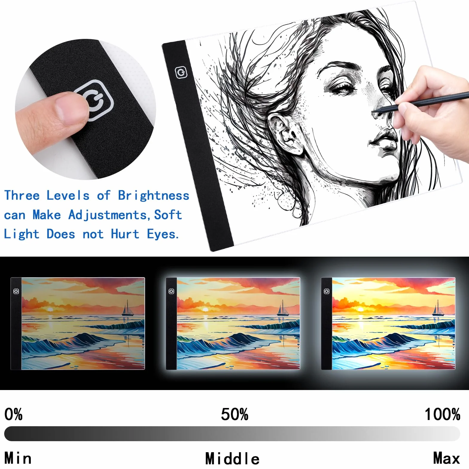 Coolzon A4 Tavoletta Luminosa, Lavagna Luminosa A4 LED Light Pad con Luminosità Regolabile, LED Tavoletta Luminosa,Ultra Sottile per Animazione, Schizzi, Progettazione, Disegno, Pittura a Diamante 5D