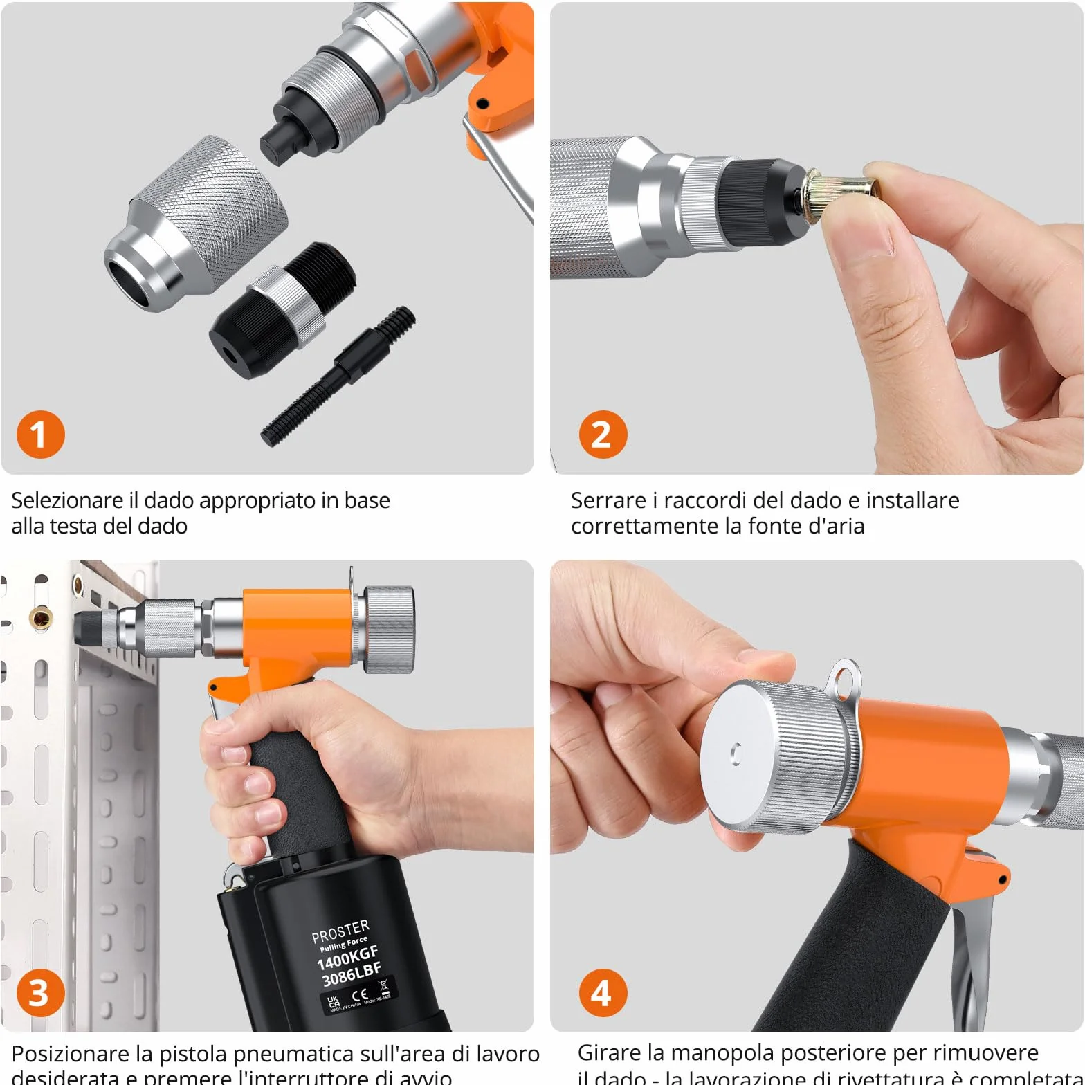 Proster Pistola Pneumatica per Rivetti Set Rivet Nut 5 Mandrini M4-M10 1400KGF Valvola Regolazione Pressione Custodia
