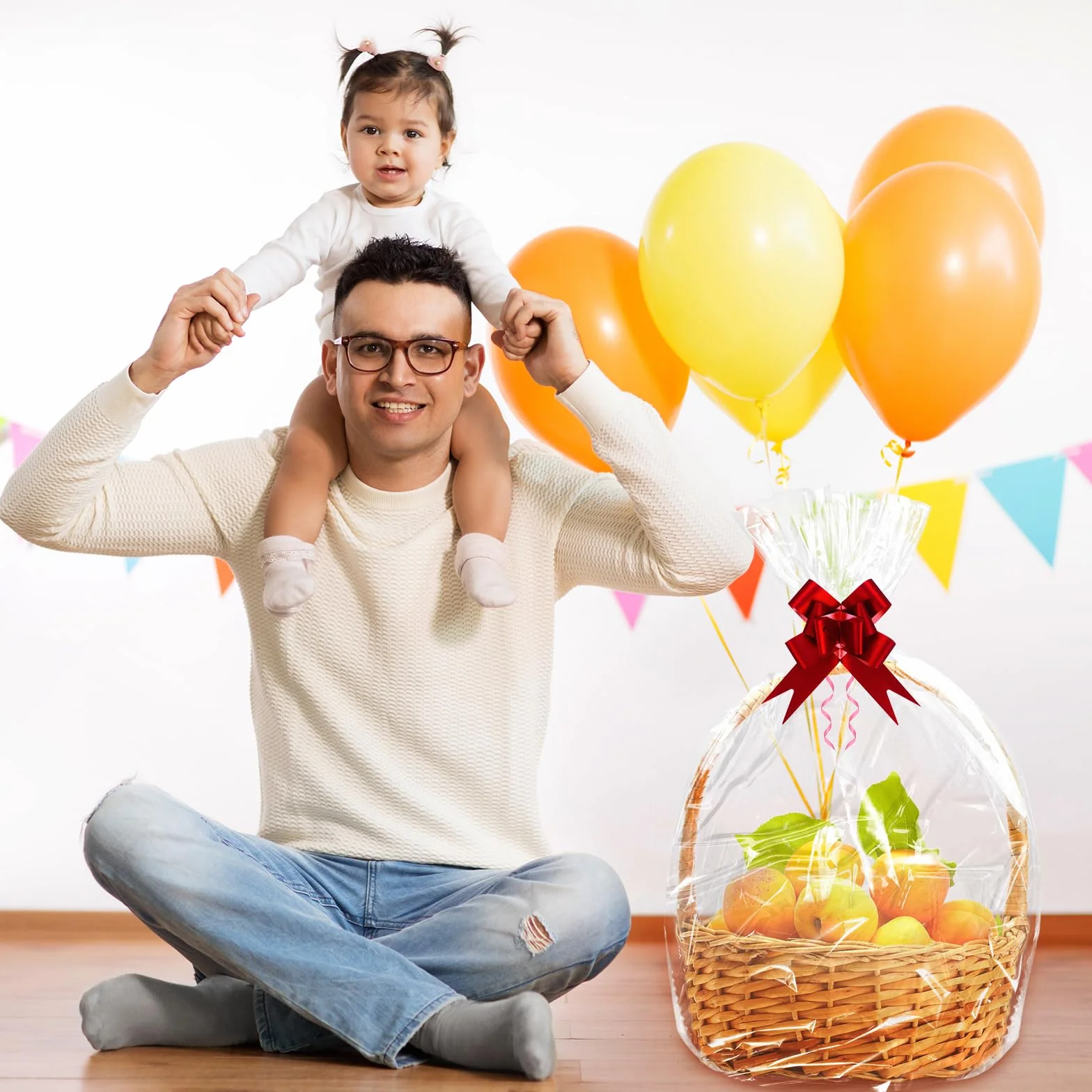 AWCIGG Set Di Sacchetti Grandi in Cellophane per Cesti Regalo, Inclusi 10 Sacchetti di Plastica da 95 x 70 cm, 10 Fiocchi e Lacci, Sacchetti di Carta Trasparente per Cesti E Bouquet Natalizi