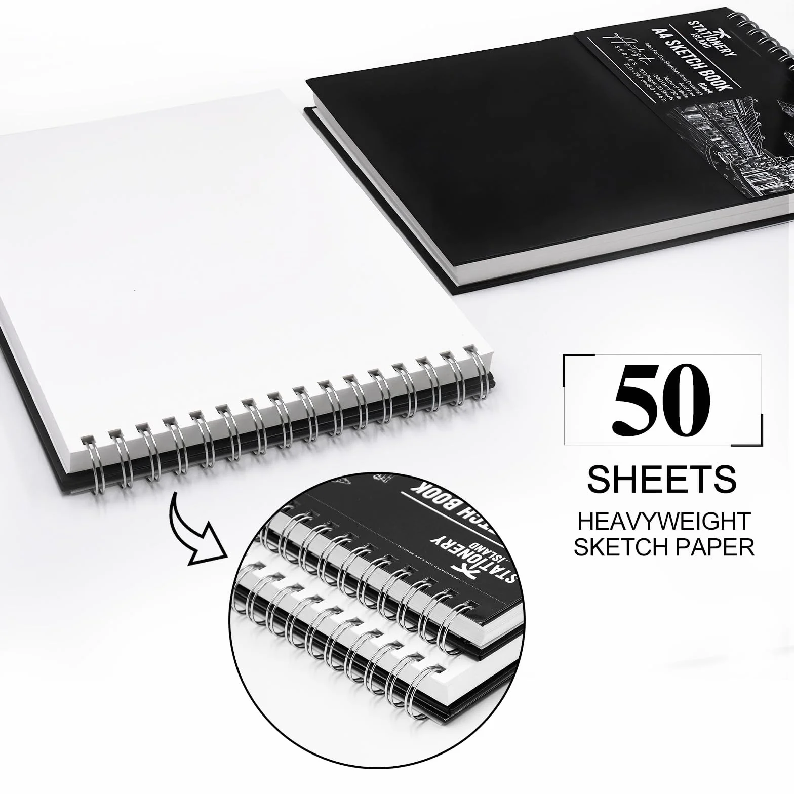 STATIONERY ISLAND Quaderno da Disegno A4 200GSM 100 pagine (50 fogli) Blocco da Disegno Carta da Quaderno a Spirale Blocco per Schizzi per Artisti e Professionisti