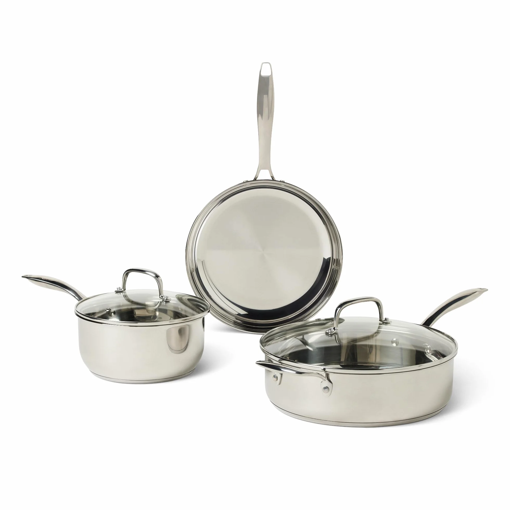 Amazon Basics Pentole in Acciaio Inox, Set di 5 Pezzi, Adatte per Tutti i Piani Cottura, Lavabili in Lavastoviglie