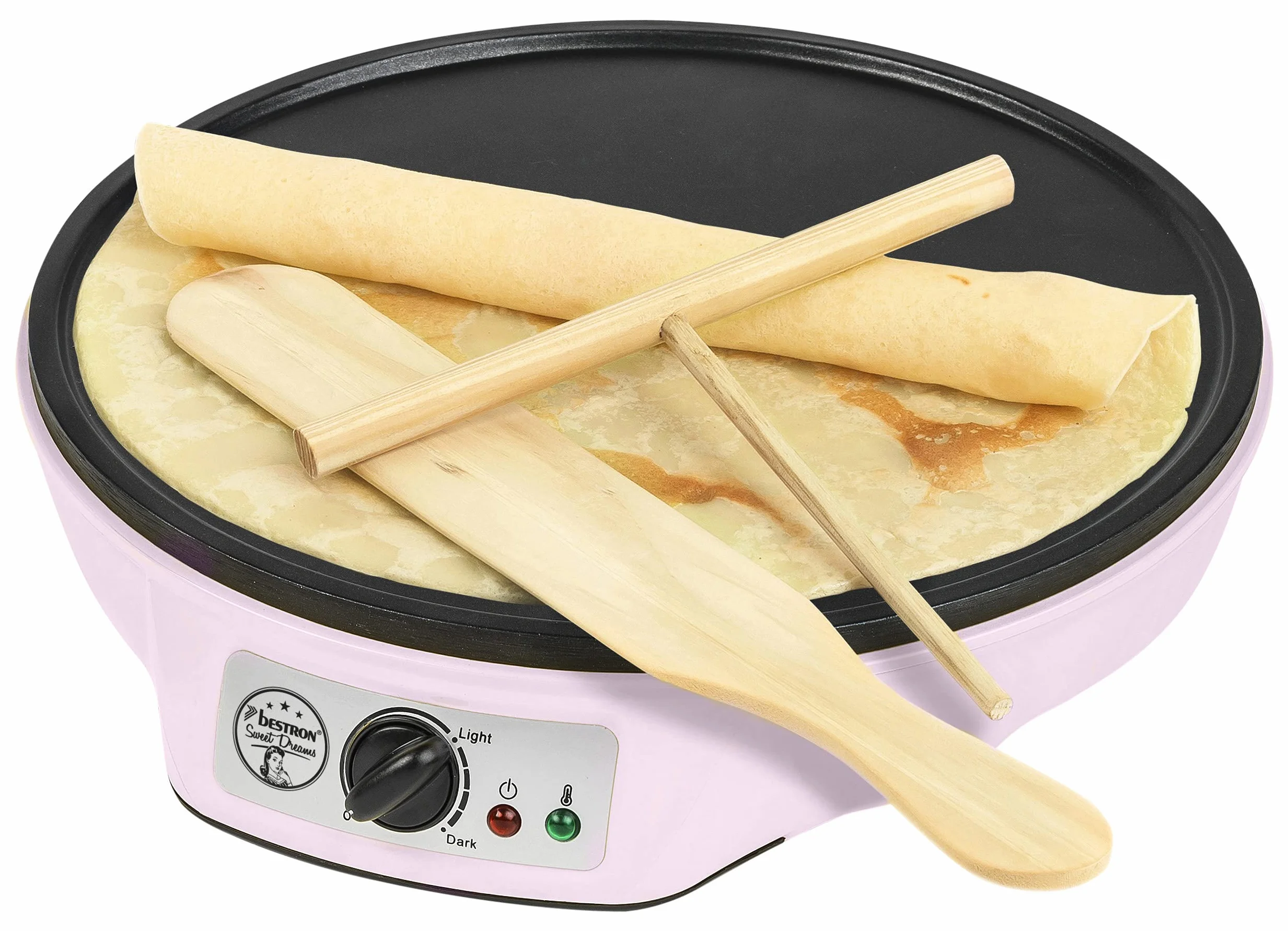 Bestron Macchina per crêpes retrò 30 cm 1000W antiaderente Rosa con spargitore e giratorta