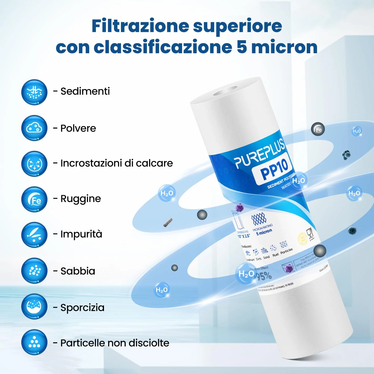 PUREPLUS Cartuccia filtro acqua 5 micron 25,4x6,3 cm ricambio RO Culligan P5 Aqua-Pure AR110 Dupont WFPFC5002