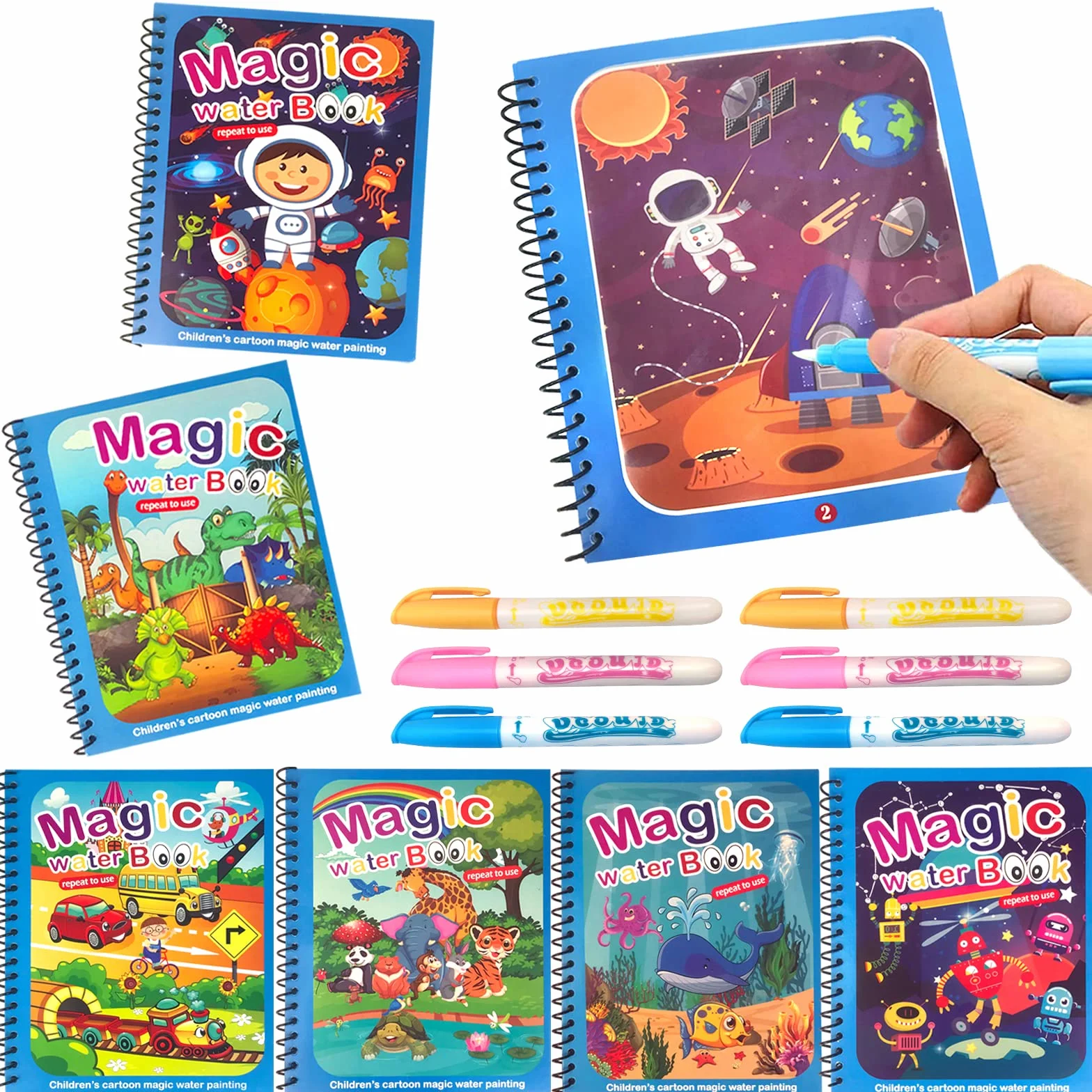Libro Magico da Colorare 6 Pezzi Libro ad Acqua per Bambini Libro da Disegno ad Acqua Riutilizzabile con 6 Penna Acqua Regalo per Bambini Bambina