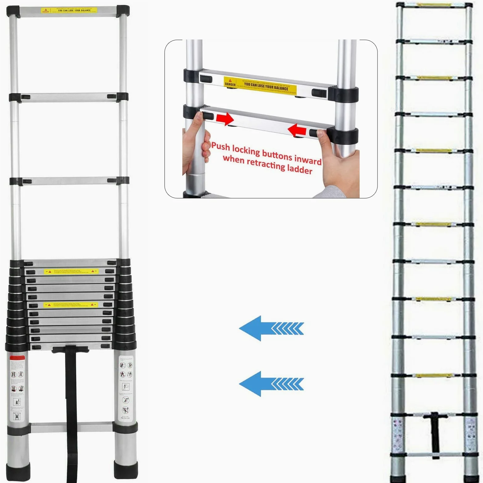 Royalswill Scala telescopica da 3,8 m, multiuso, pieghevole, in alluminio, scaletta telescopica pieghevole, estendibile, portatile, leggera, capacità 150 kg, argento