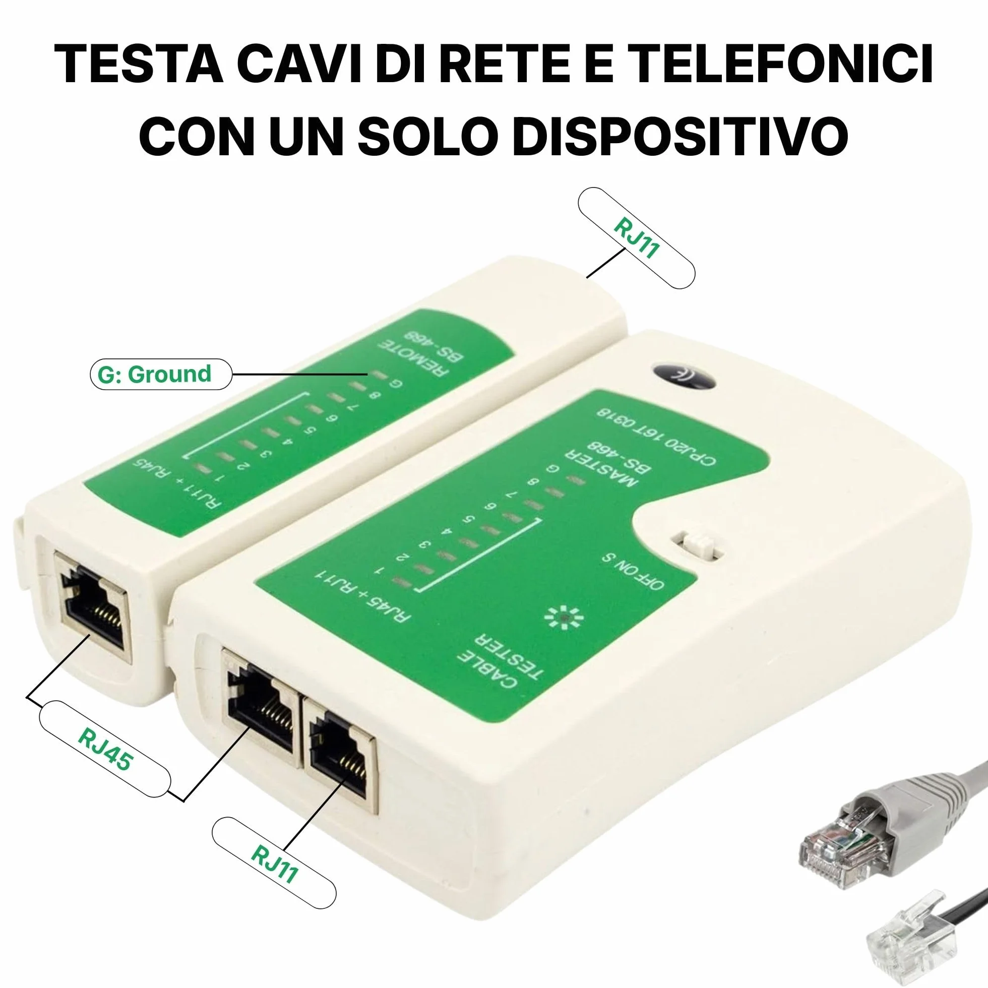 Incutex Tester Cavi di Rete, Ethernet LAN RJ45 RJ11 CAT5 CAT5e CAT6a Linea Tester Professionale, Rilevatore Cavi Wire Tracker, bianco-verde