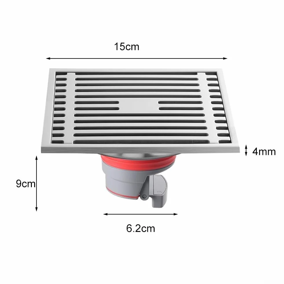 Scarico a pavimento in acciaio inox 15x15 cm anti-doccia con cestello filtro rimovibile