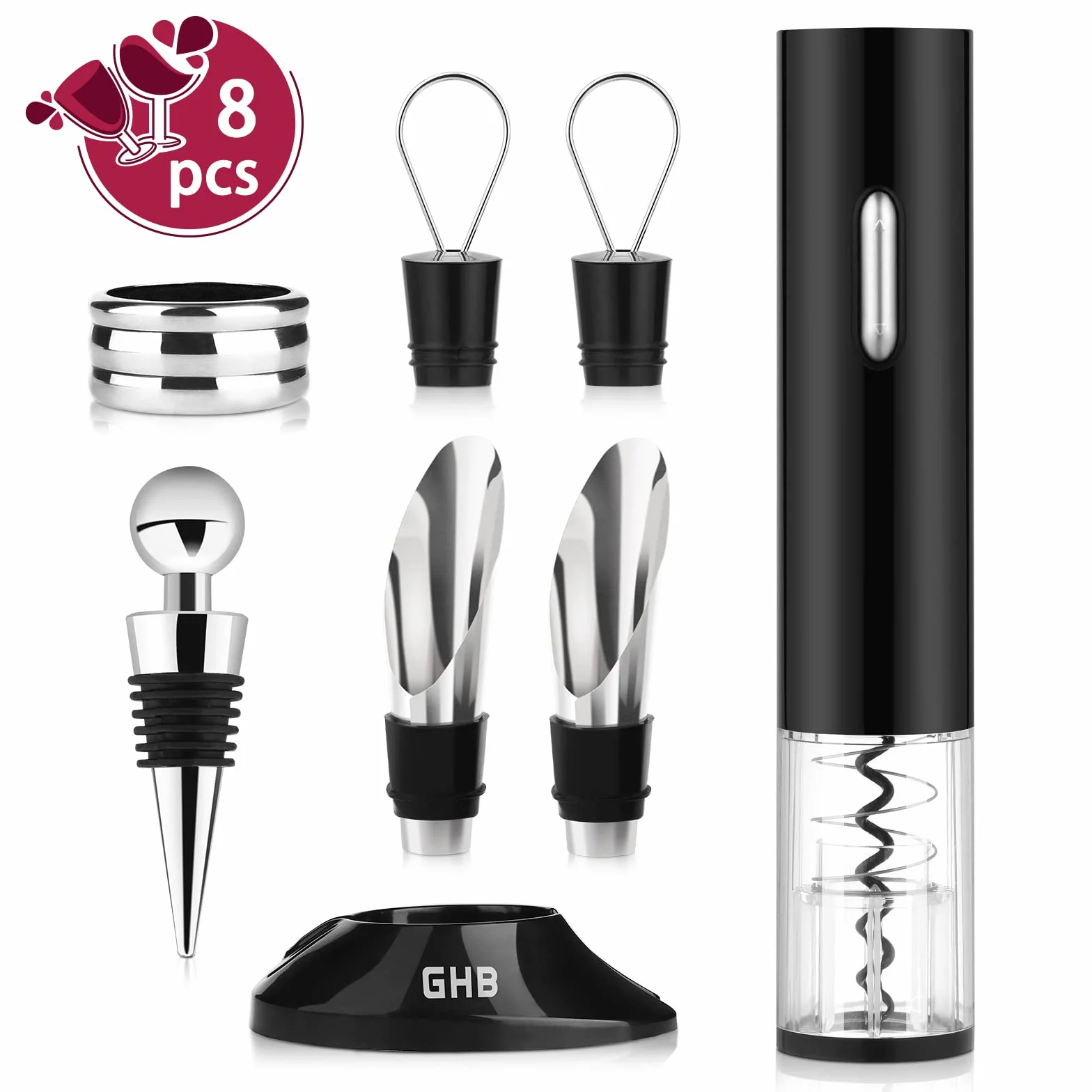 GHB Cavatappi Elettrico per Vino 8 in 1 Apribottiglie Elettrico con Base,Taglierina, Versatore,Tappo Regalo per Gli Amanti del Vino