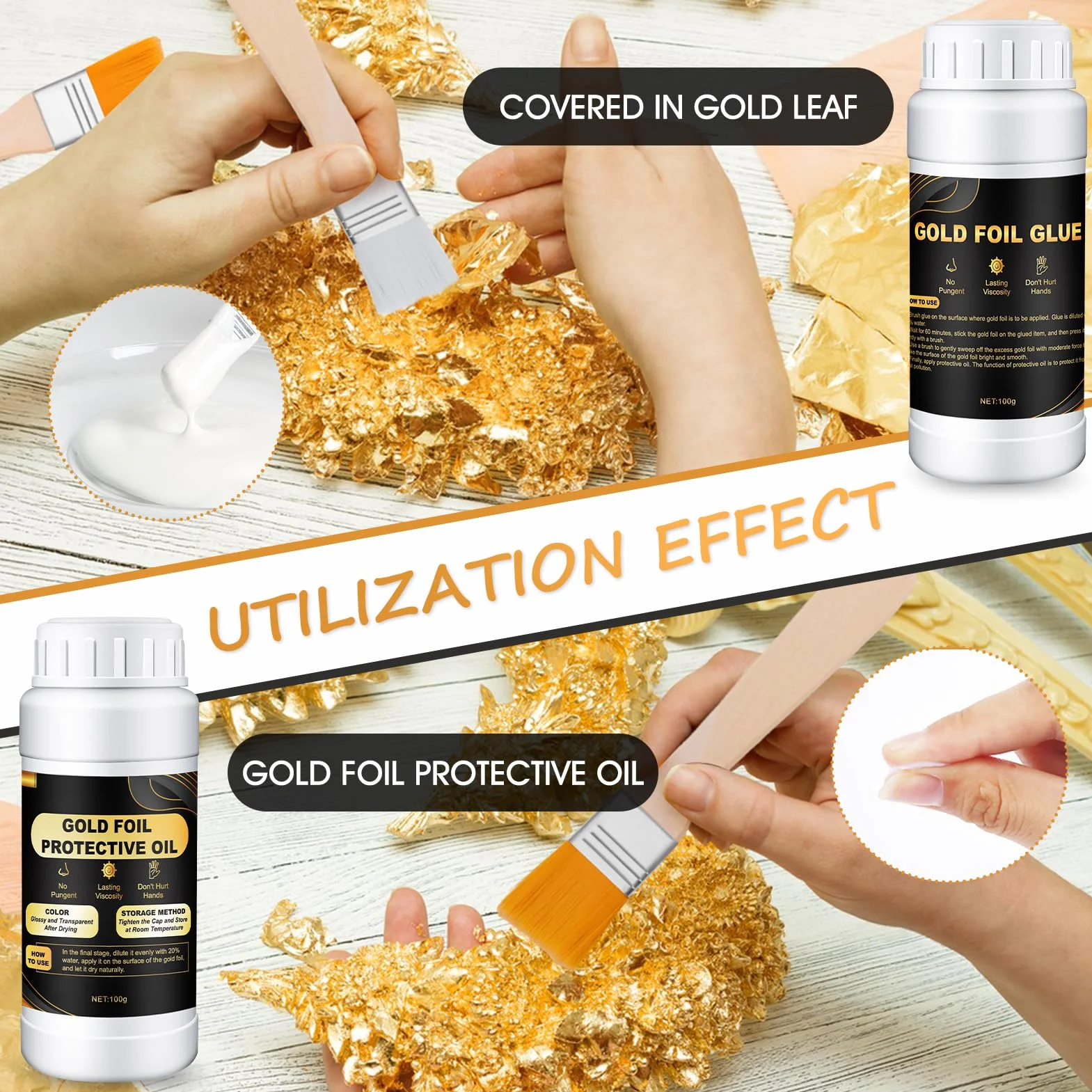 Allony Colla per Foglia Oro, Missione per Foglia Oro, Foglia Oro, Foglia Oro Decorazione, Include Colla 100g e Vernice Protettiva a Base d'acqua da 100g, 100 Pezzi, Adatto Lavori Manuali e Pittura