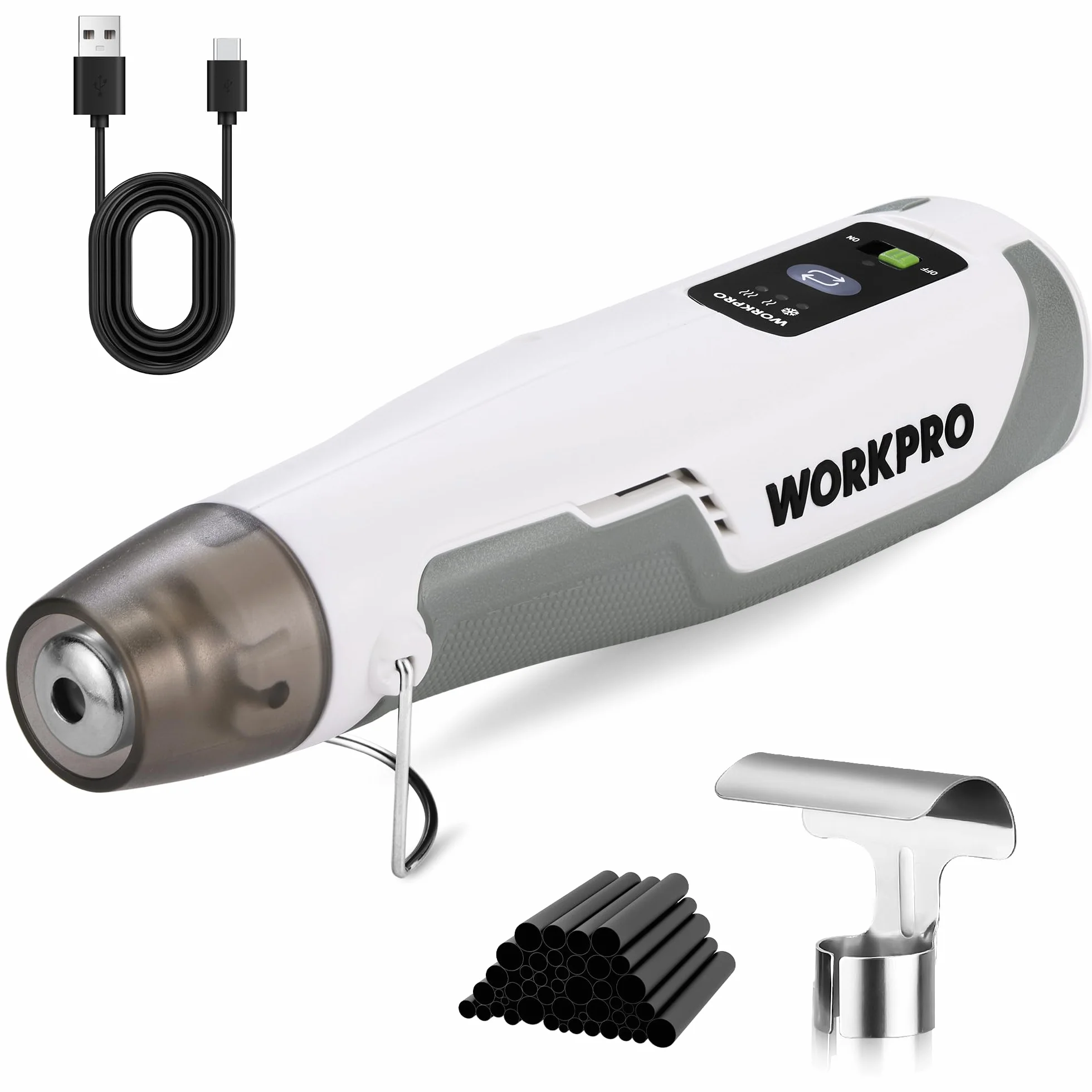WORKPRO Pistola ad aria calda mini 8V con batteria 4000 mAh, 300℃/450℃, riscaldamento rapido in 30 s, con ugello riflettente e 50 guaine termorestringenti per fai-da-te, riparazioni e lavori creativi