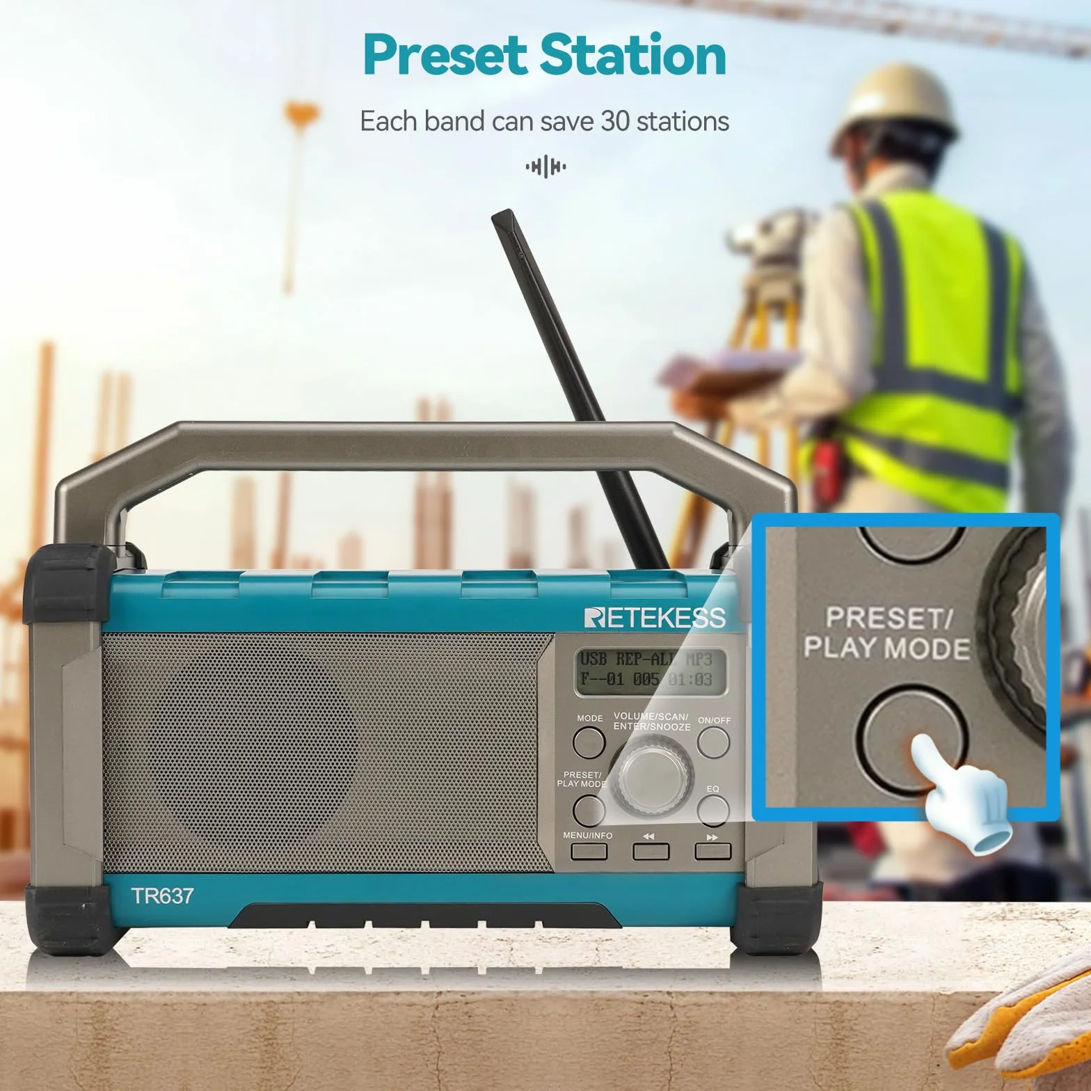 Retekess TR637 Radio da Cantiere,Radio FM AM Portatile con Wireless,con Batteria Ricaricabile da 5000mAh,Impermeabile,USB,Manico Portatile,Lavoro