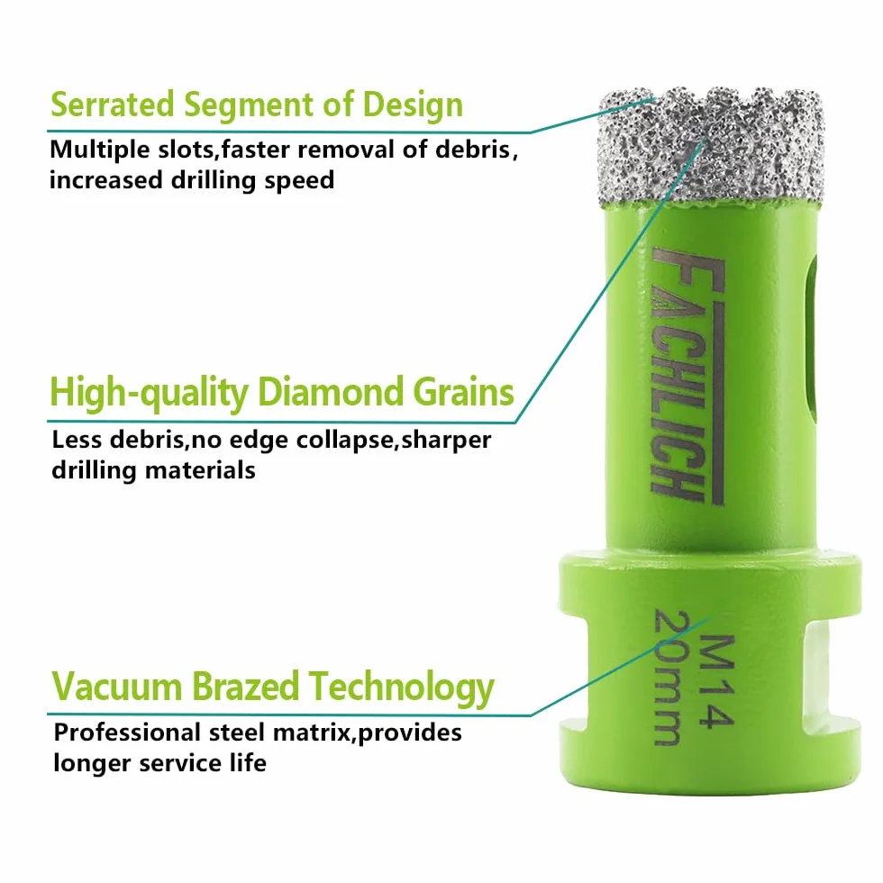 Punta per Trapano Diamantata 35mm- FACHLICH Vacuum Brasato Foretto Diamantato con Filettatura M14 per Porcellana Piastrella Granito Marmo Taglio a Secco