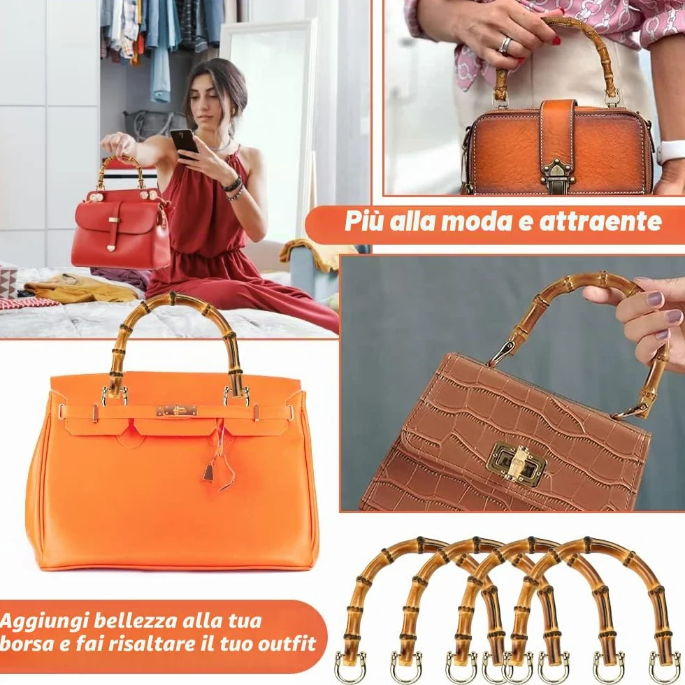 REFORUNG 4 Pz Manici in Bambù per Borse, Maniglie a Forma di U per Fai Da Te, Uncinetto Artigianale con 8 Pz Anelli in Metallo per Tote, Borsette