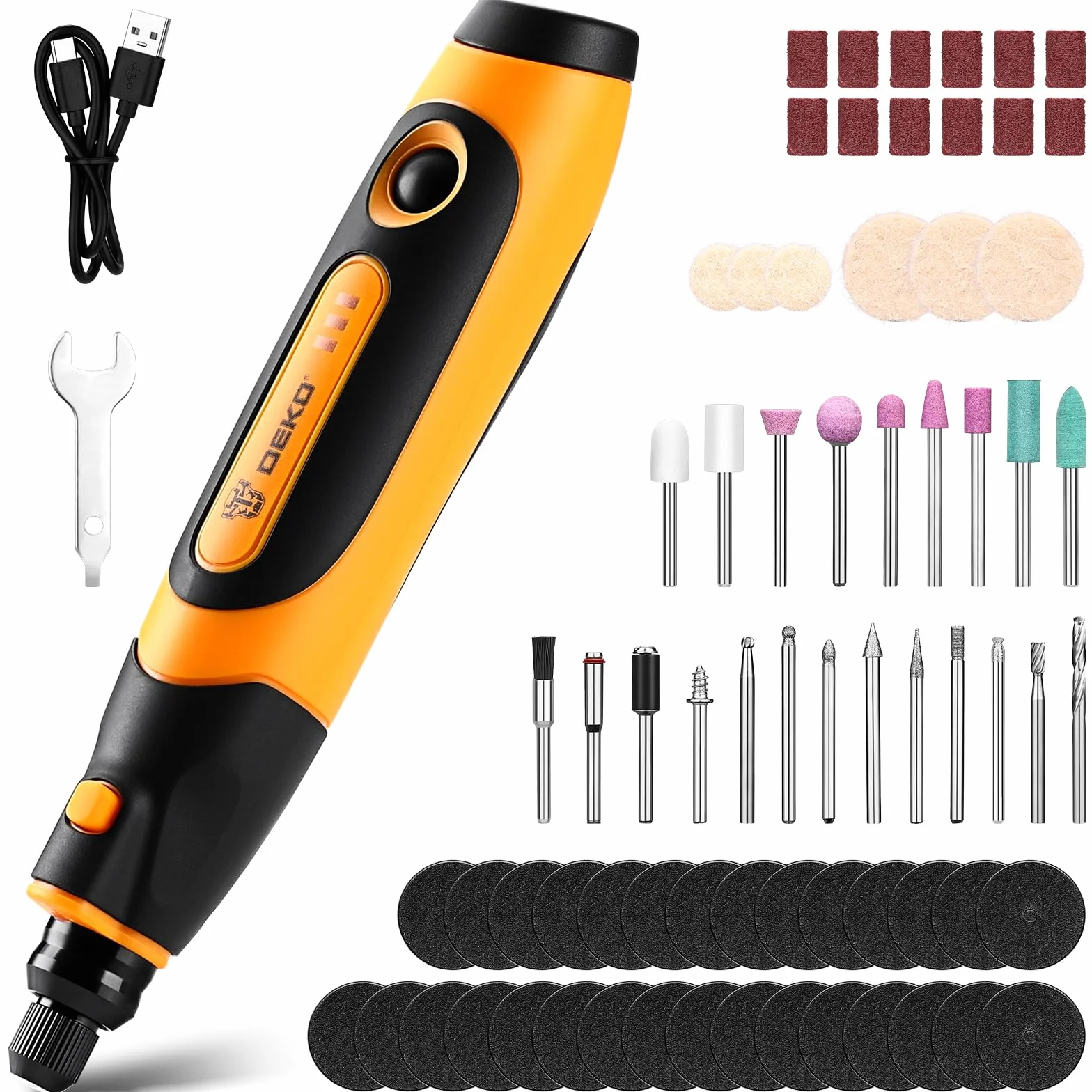 DEKOPRO 3,7 V Utensile Rotativo Ricaricabile con 70 Accessori per Levigatura, Indicatore di Velocità Variabile, Ricarica Tipo C