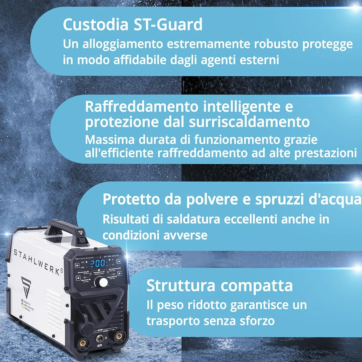 STAHLWERK Saldatrice 2-in-1 combinata DC TIG 200 ST – Funzione TIG & MMA fino a 200 A, innesco HF, Hotstart, adatta per acciaio, inox, rame e ottone, no alluminio