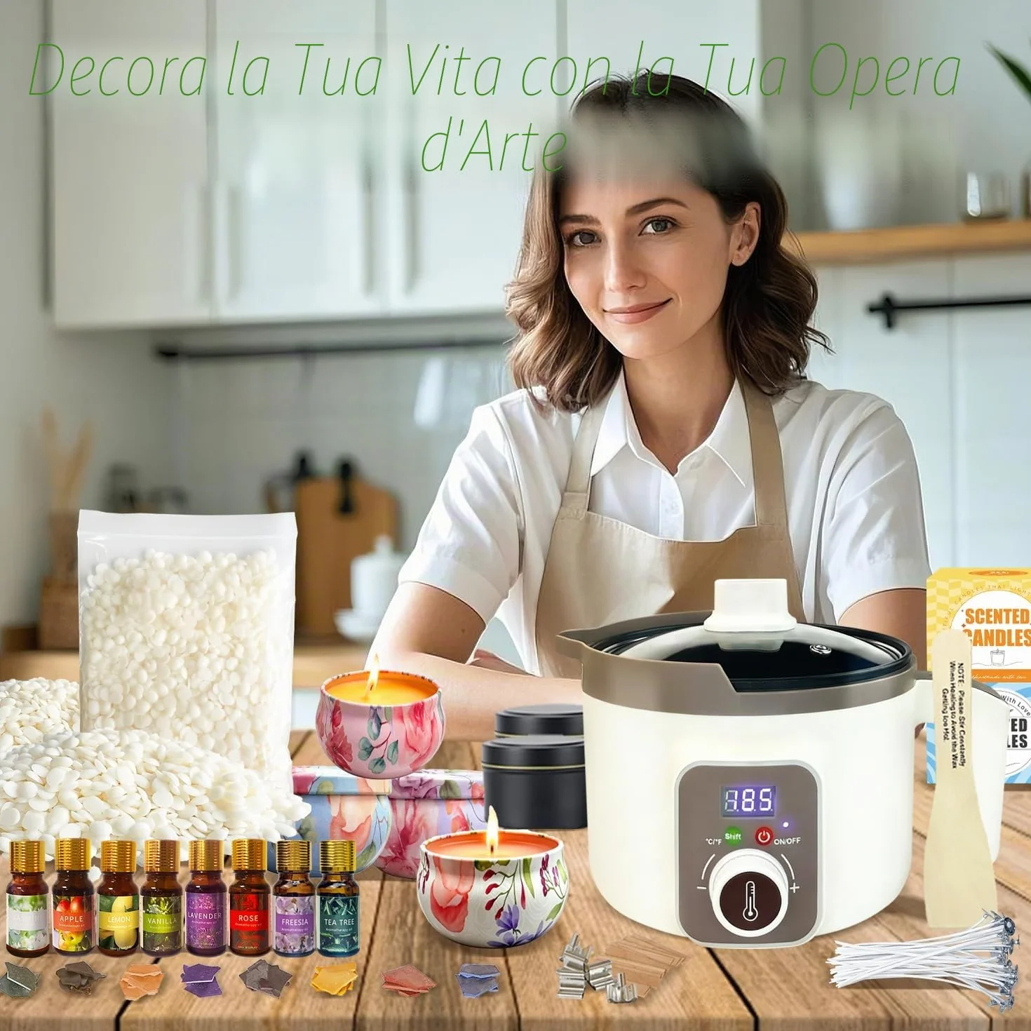 Kit per la fabbricazione di candele con fonditore di cera digitale, set fai da te per la fabbricazione di candele con cera di soia da 900g per principianti adulti per realizzare candele profumate