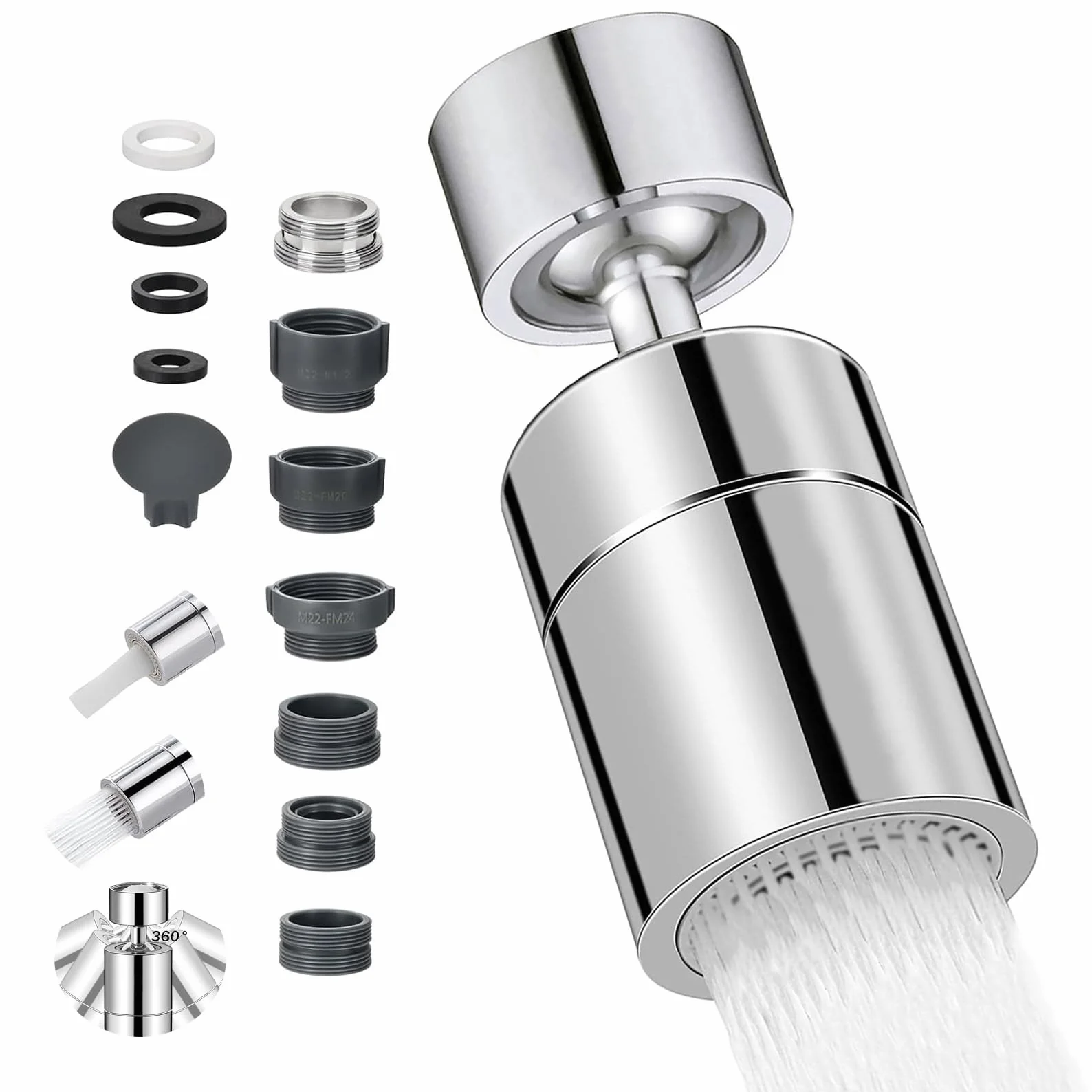 Aeratore Rubinetto Cucina, 360° Girevole Prolunga Rompigetto Rubinetto con 2 Modalità Aeratore Filtro Antispruzzo, 5 Tipi Adattatore Filettato doccetta per lavandino da cucina, lavello da bagno