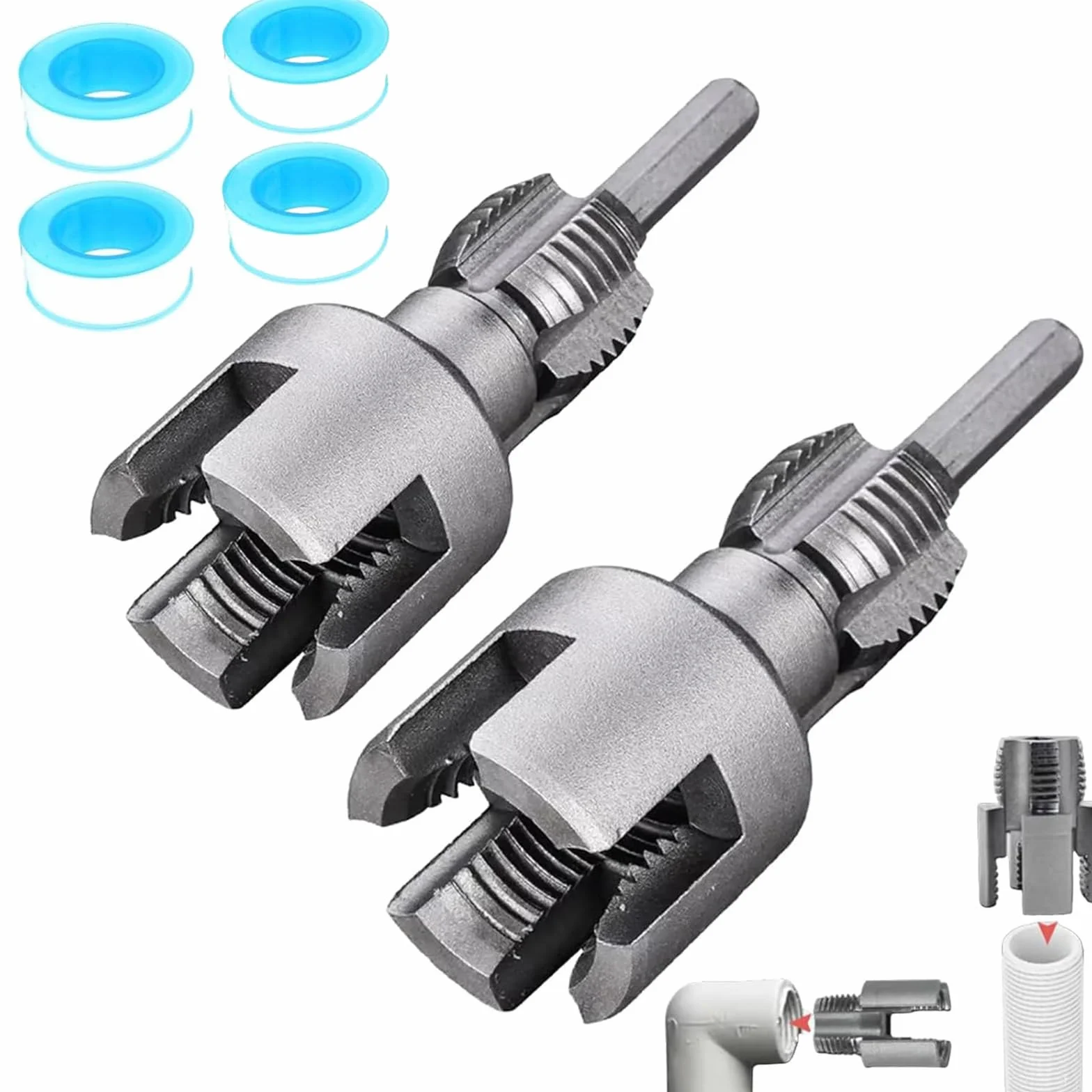 Integrated Internal & External Pipe Threading Tool,Pipe Thread Cutting Tool,1/2'' 3/4'' PVC Pipe Threader Kit for Electric Drill, Plumbing Repairs (1/2"+3/4")