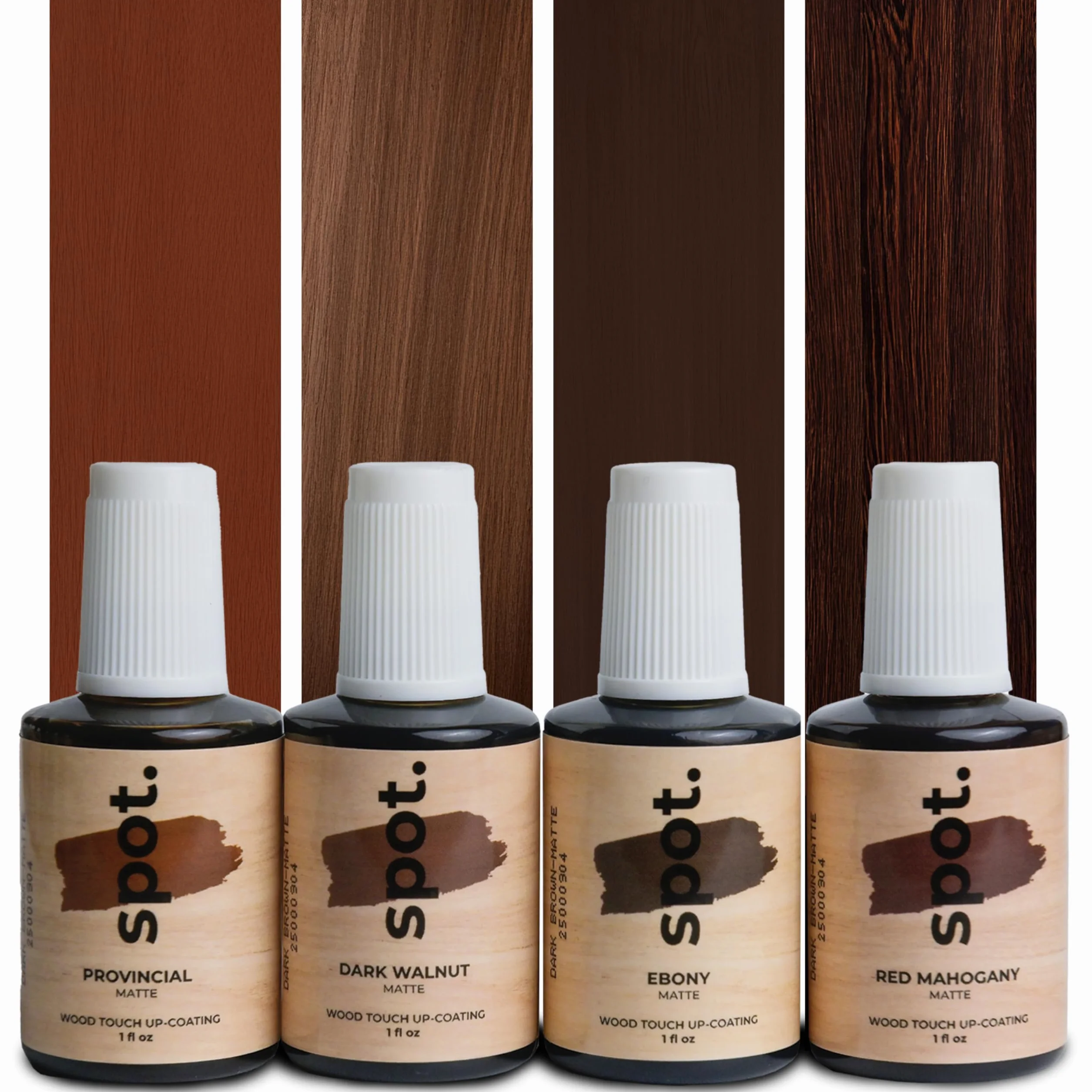 Spot – Kit Ritocco Legno con Mordente Penetrante per Riparazione Graffi su Mobili | 4 Colori Marrone Scuro (Castagno, Noce, Wengé e Palissandro) | Pennello Integrato | 4 × 30 ml