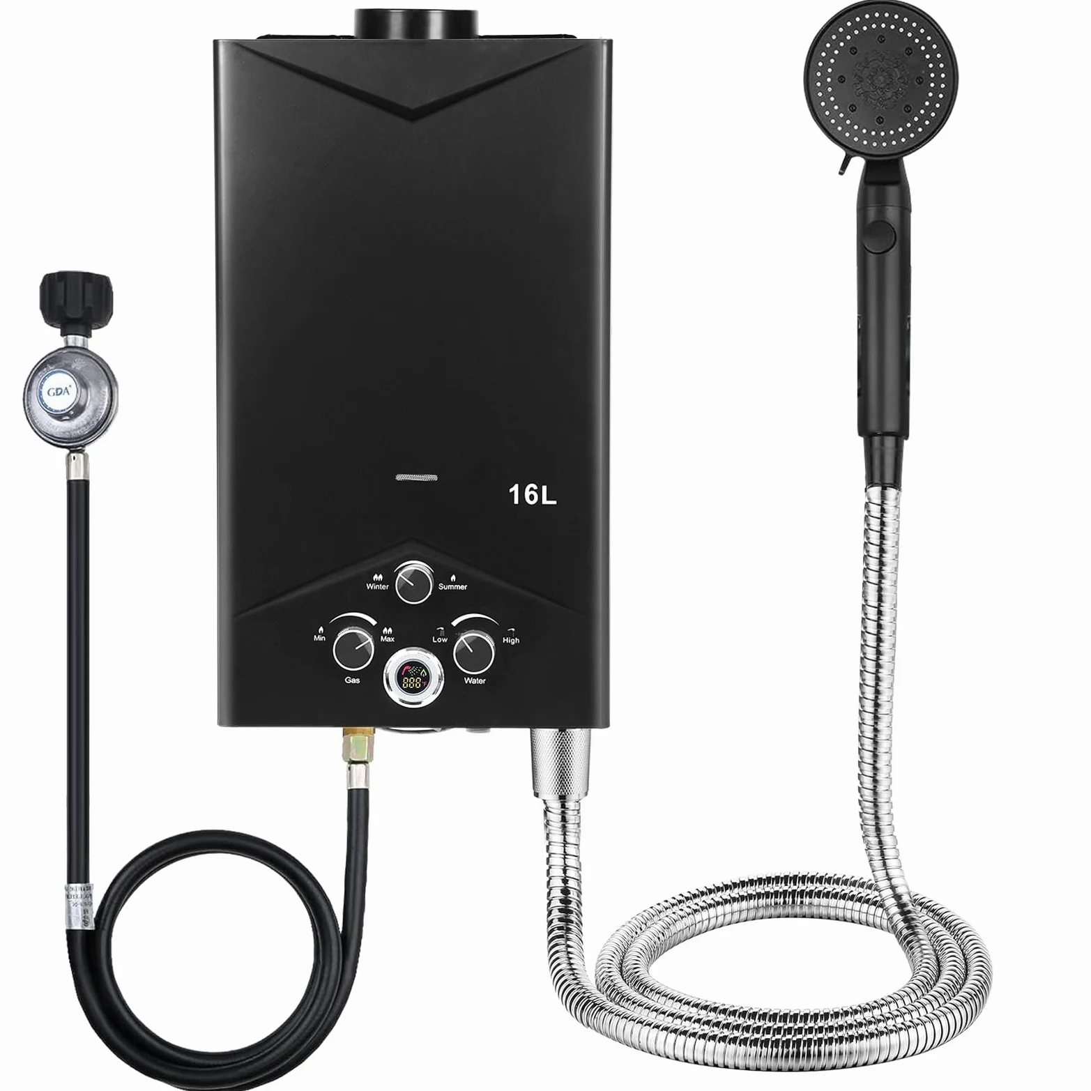 Scaldabagno a gas da 16 litri con display digitale e sicurezza multipla, 4,2 GPM, scaldabagno portatile a gas per campeggio, doccia all'aperto, camper e giardino, acqua calda istantanea, 1 set