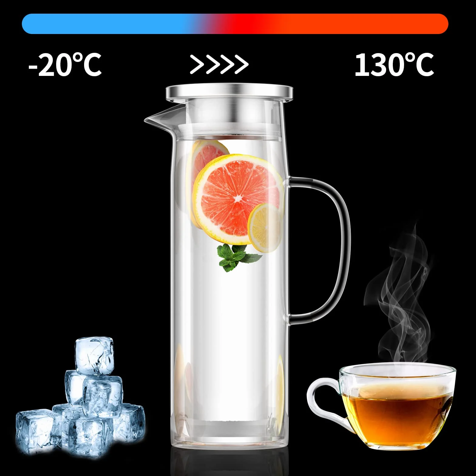 Caraffa 1.5L in Vetro Borosilicato Trasparente Resistente al Calore con Coperchio