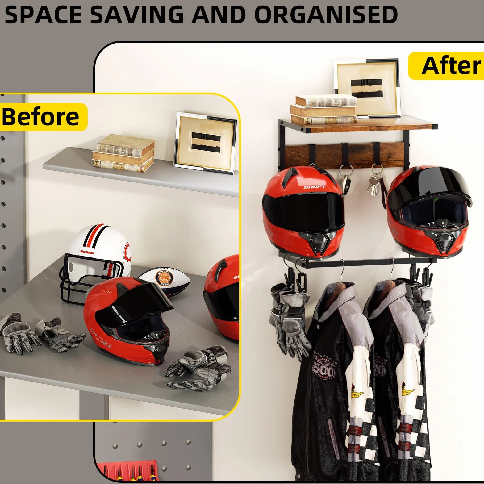 Urban Deco porta casco moto da parete con 2 appendi cappelli