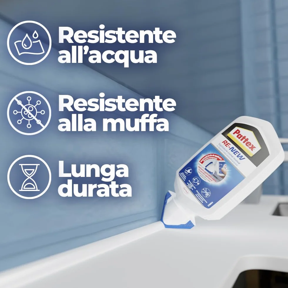 Pattex RE-NEW Bianco, Sigillante bagno e cucina per rinnovo fughe, Silicone sigillante bianco per rinnovare le fughe ed eliminare la muffa, applicazione facile, 1x80ml